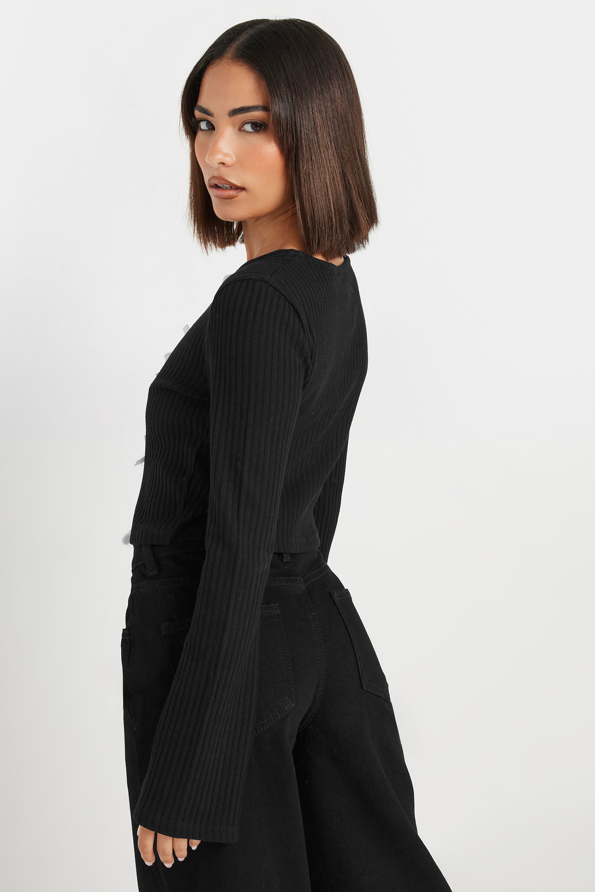 PixieGirl Petite Women's Black Ribbed Bow Detail Long Sleeve Top | PixieGirl 7