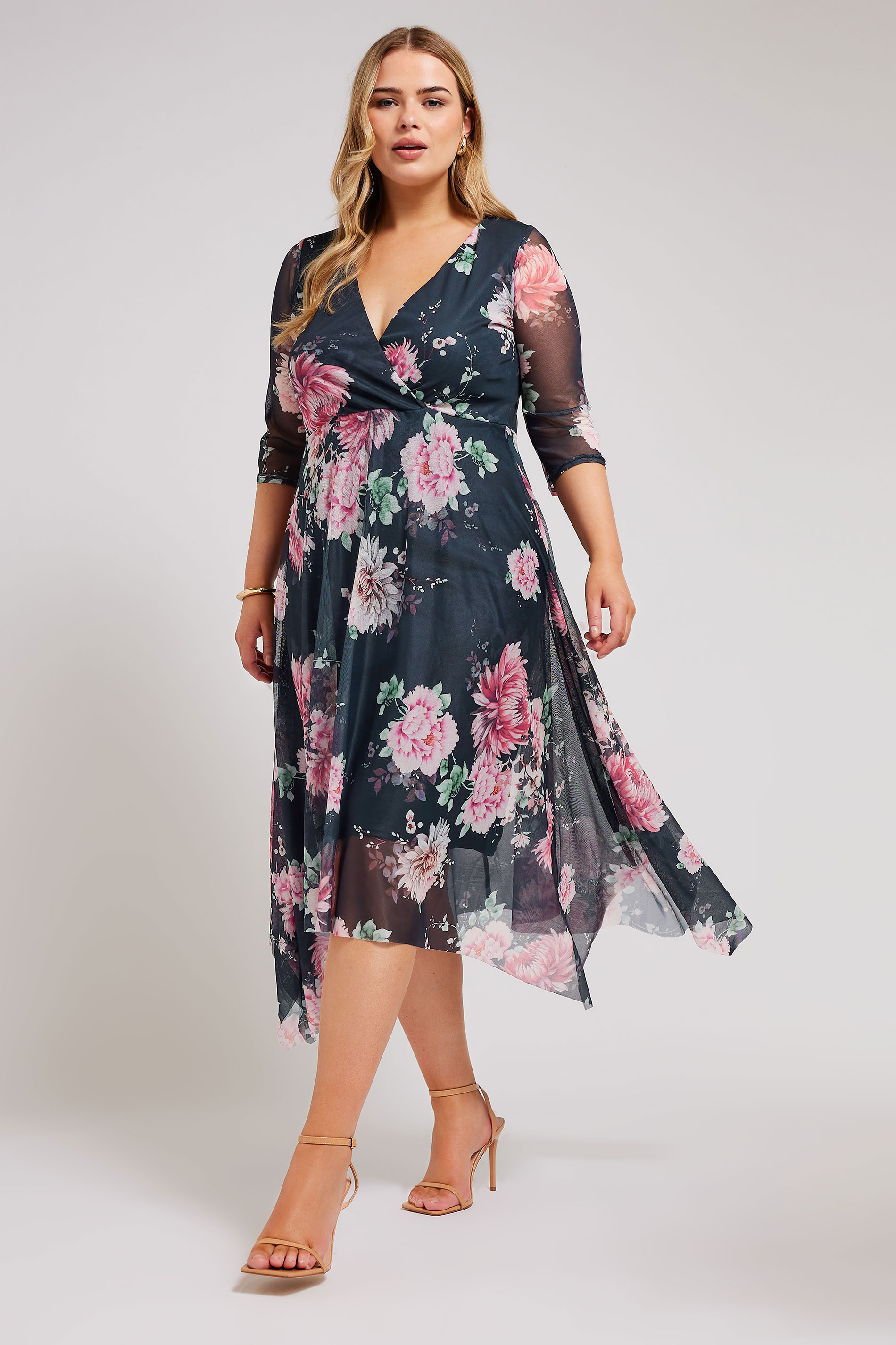 YOURS LONDON Plus Size Black Floral Print Wrap Midi Dress | Yours Clothing 1