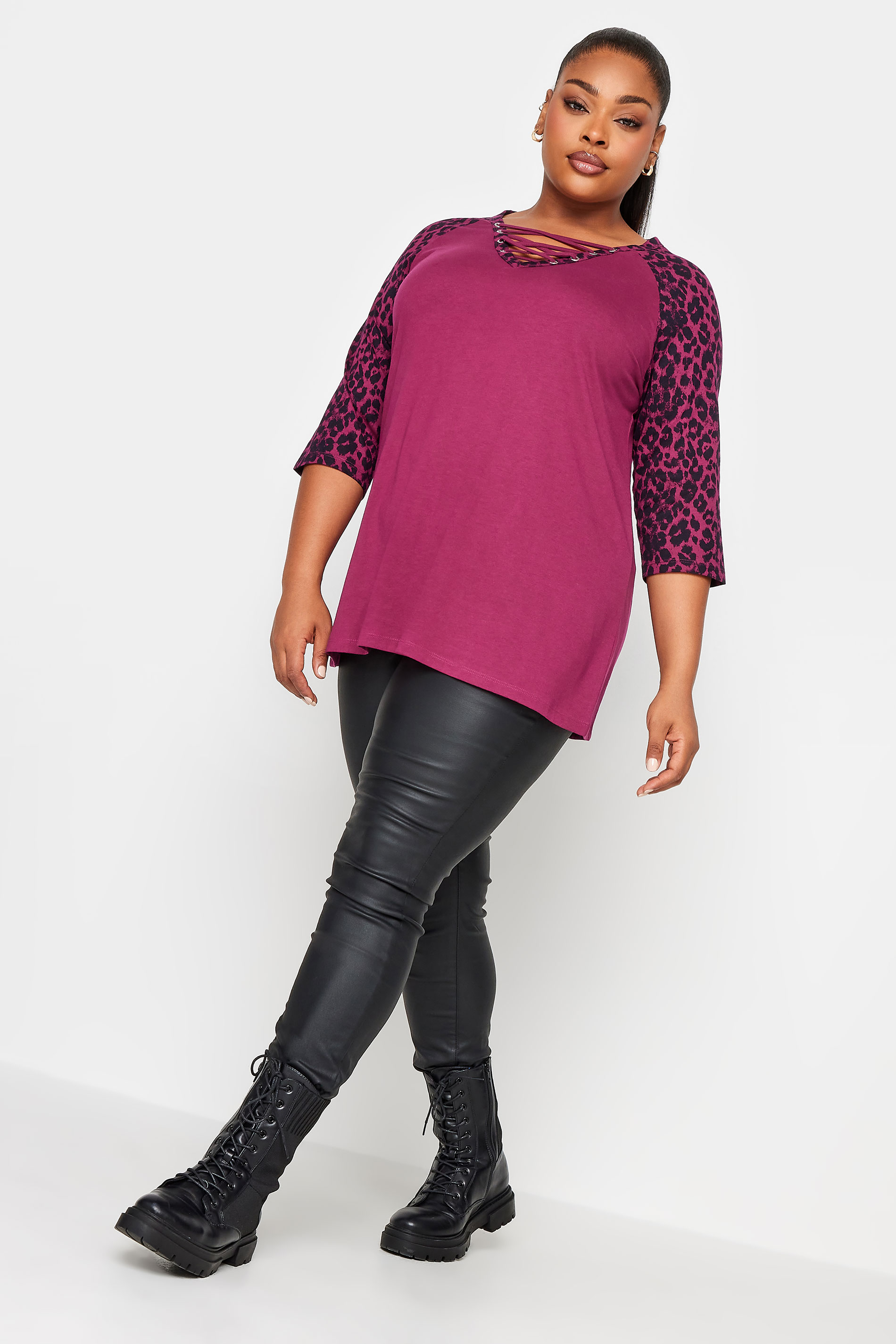 YOURS Plus Size Pink Leopard Print Lace Up Eyelet Top | Yours Clothing 2