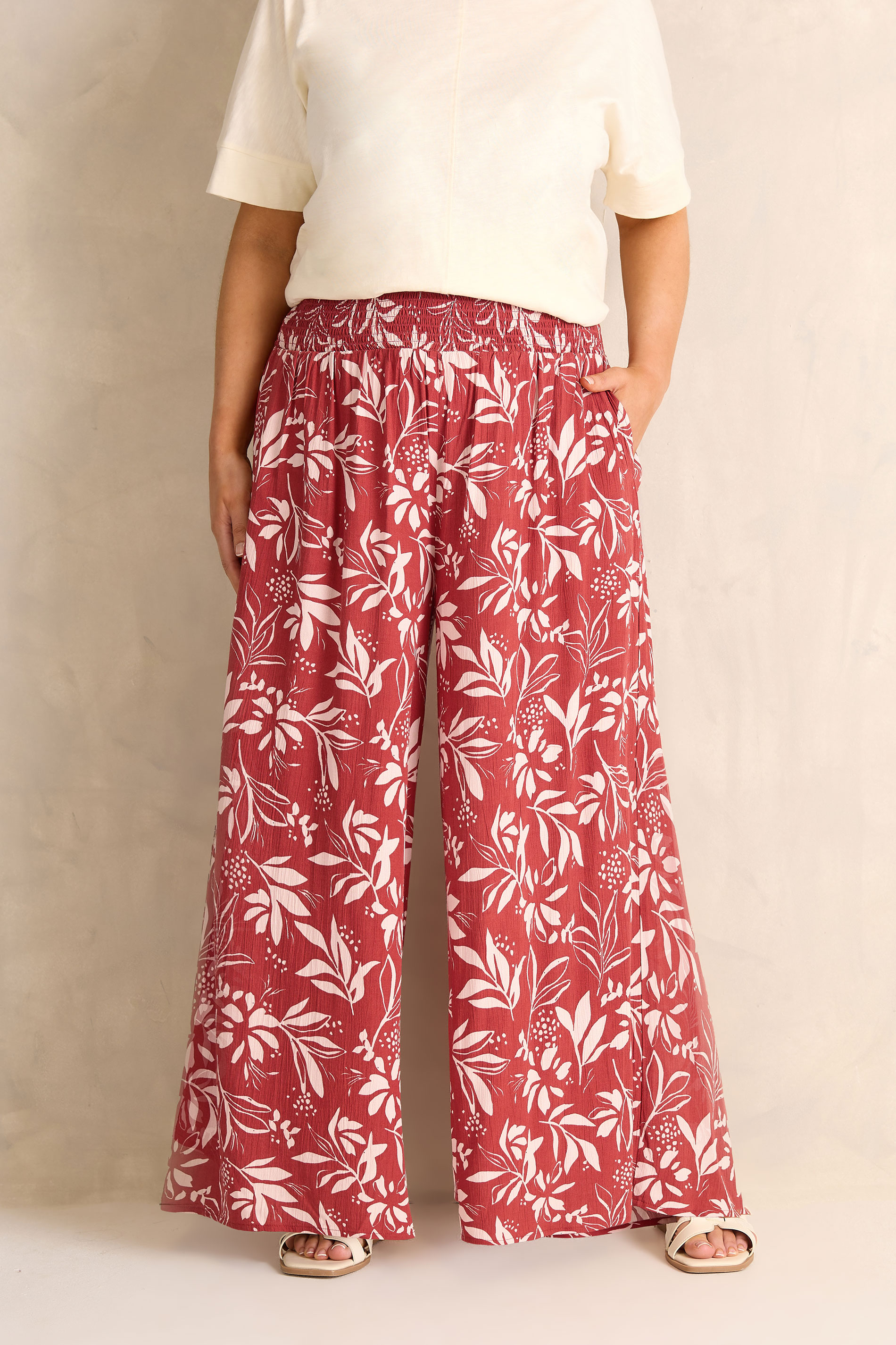 EVANS Plus Size Orange Leaf Print Shirred Waist Trousers | Evans 3