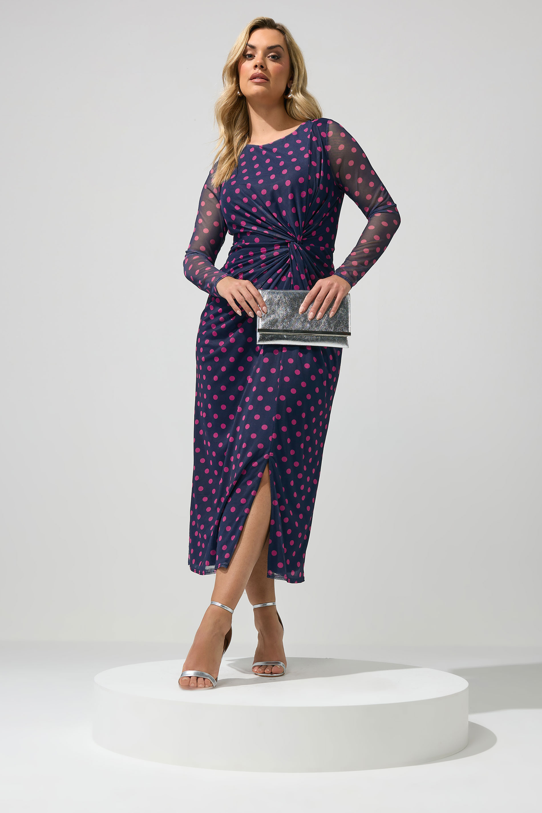 YOURS LONDON Plus Size Navy Blue Polka & Pink Dot Knot Dress | Yours Clothing 1