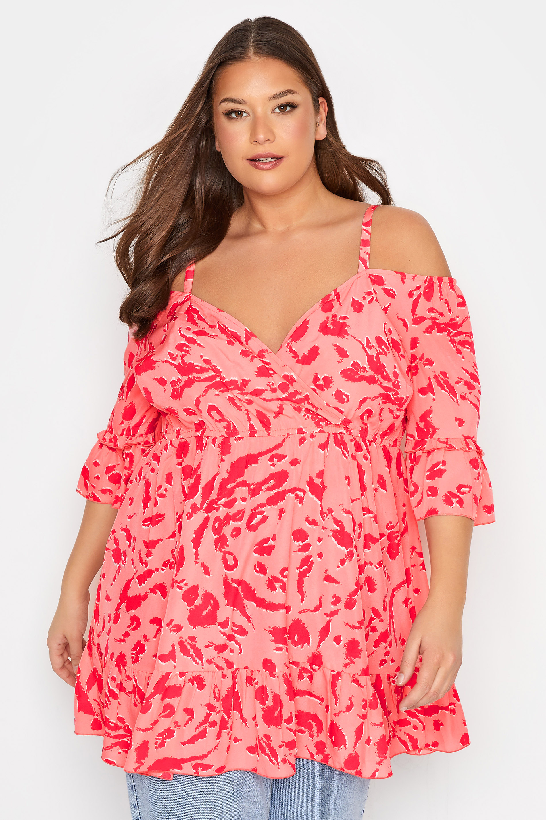 Plus Size Pink Leopard Print Cold Shoulder Top | Yours Clothing 1