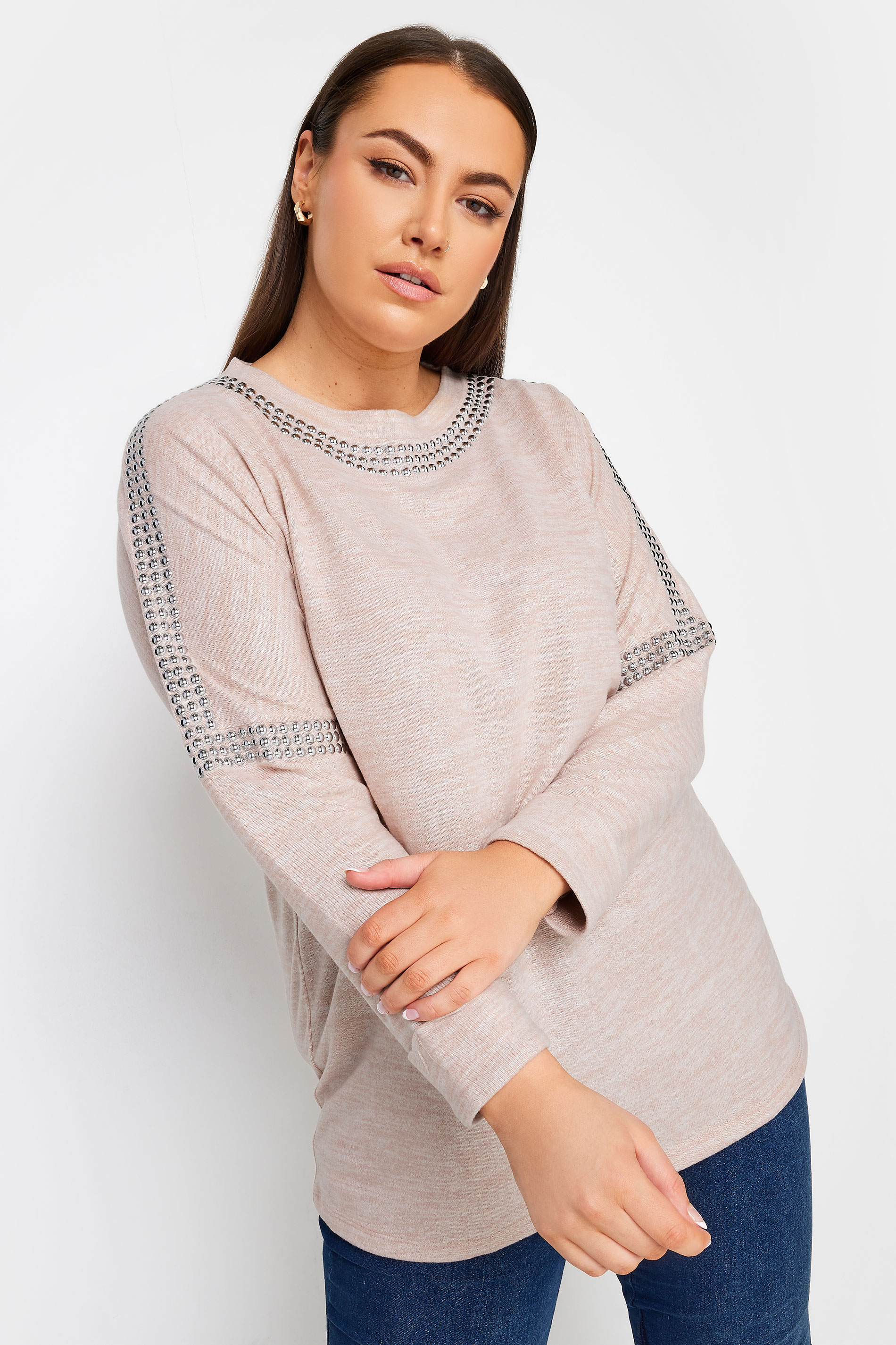 YOURS Plus Size Light Pink Stud Batwing Sleeve Jumper | Yours Clothing 1