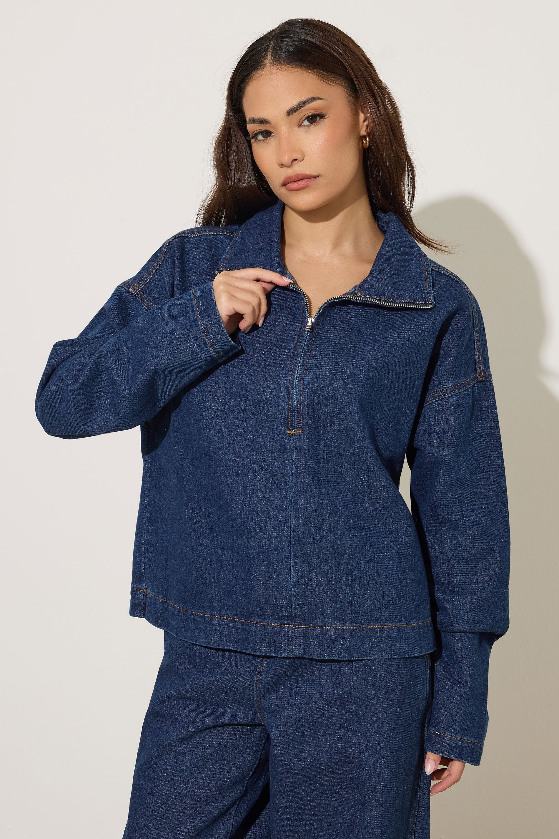 PixieGirl Petite Women's Dark Blue Denim Quarter Zip Cotton Top | PixieGirl 2