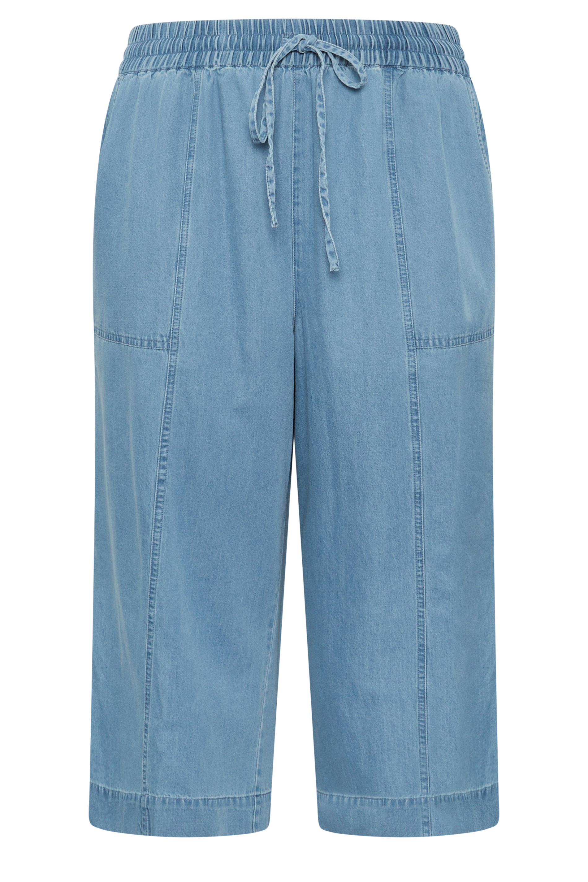 EVANS Plus Size Mid Blue Cropped Pull On Cotton Trousers | Evans 5