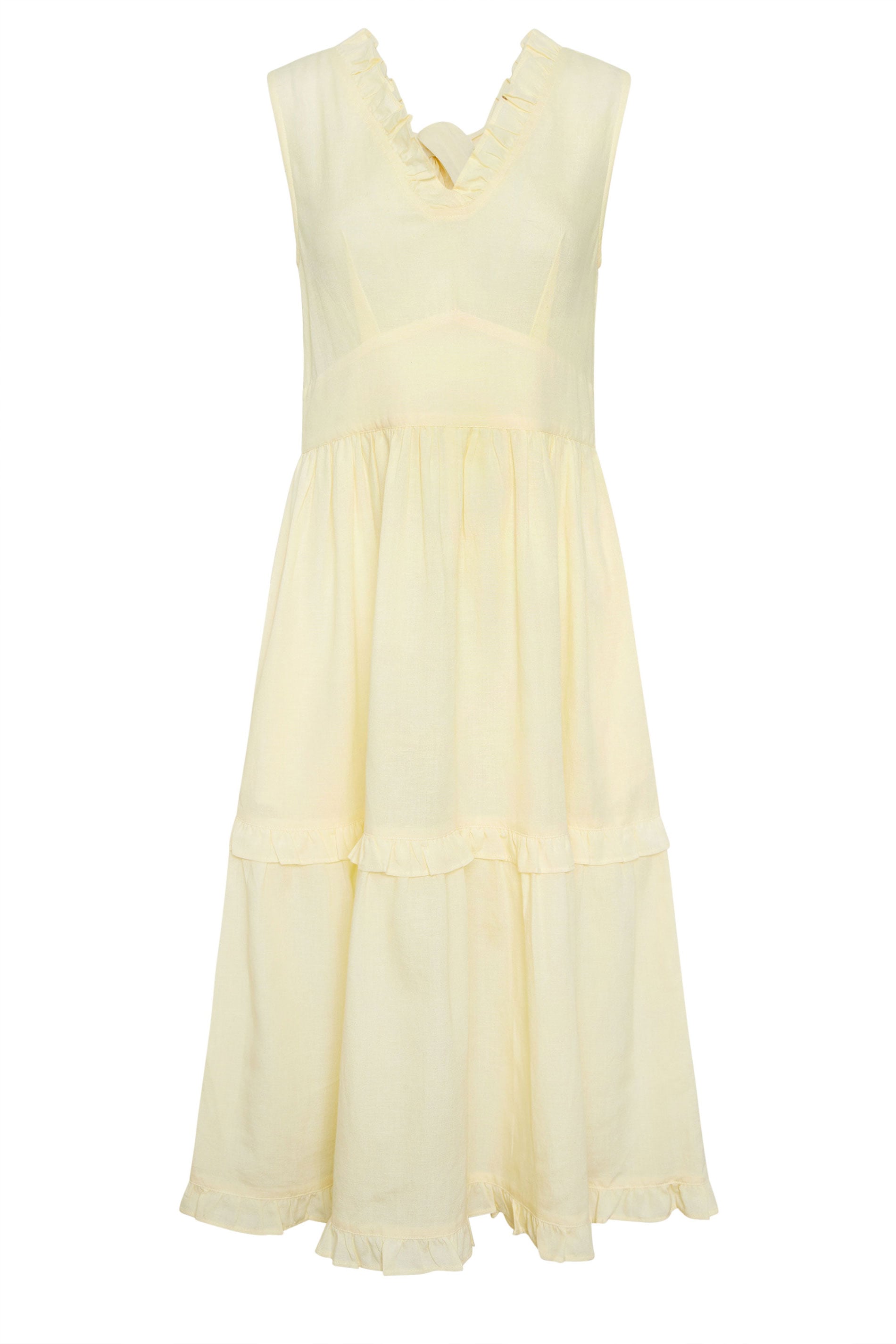 PixieGirl Petite Women's Yellow Ruffle Tie Back Midi Dress | PixieGirl 5
