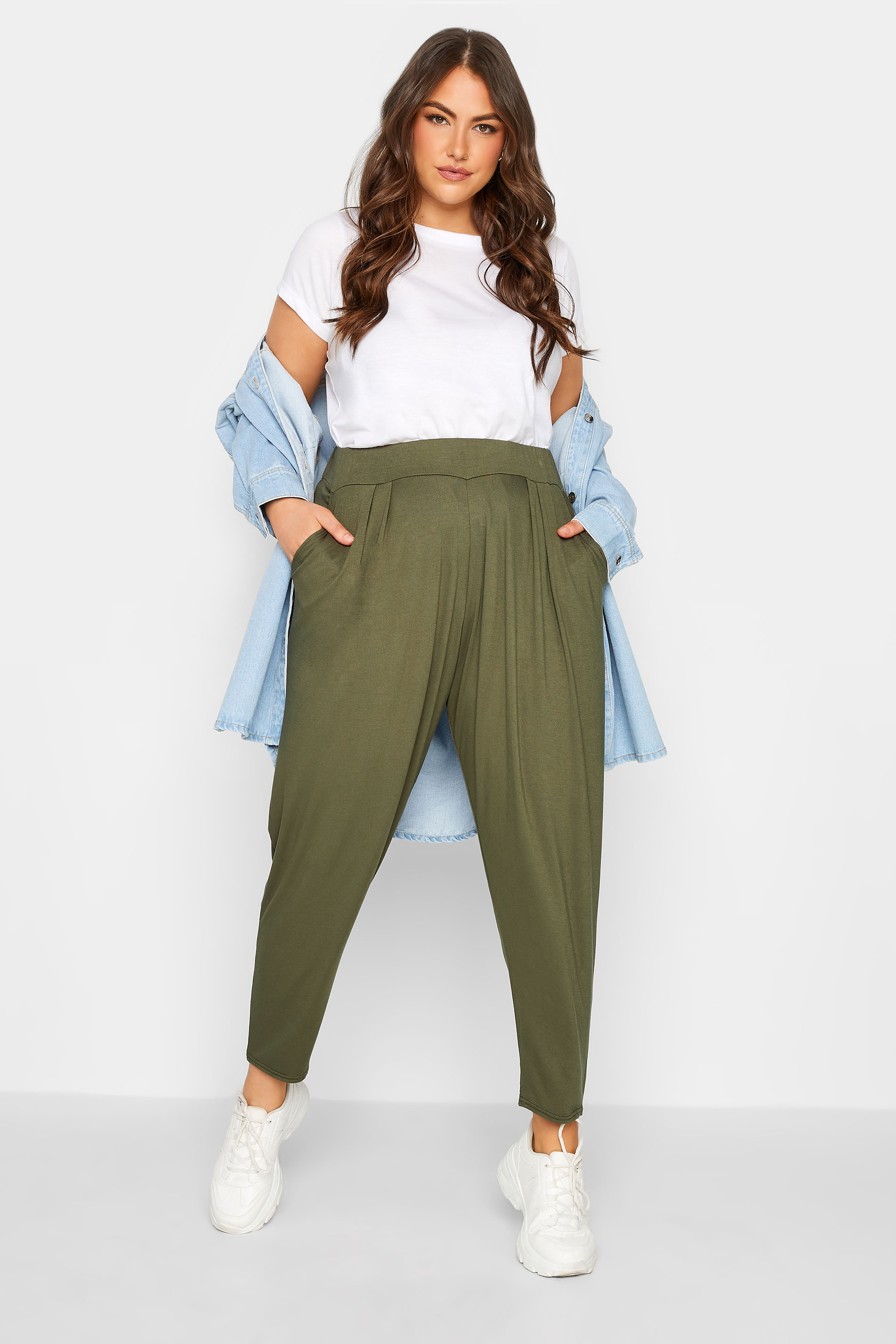 YOURS Plus Size Khaki Green Double Pleat Harem Trousers | Yours Clothing 2