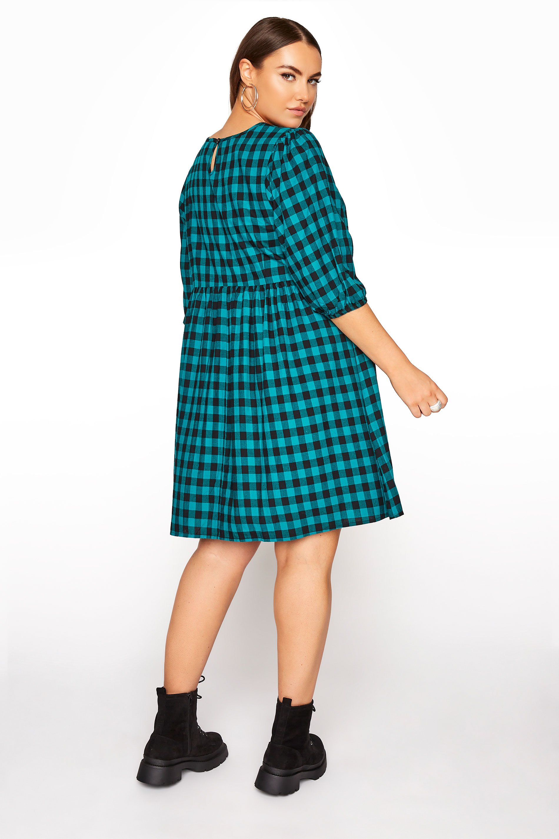 Plus Size Teal Gingham Peplum Dress Yours Clothing