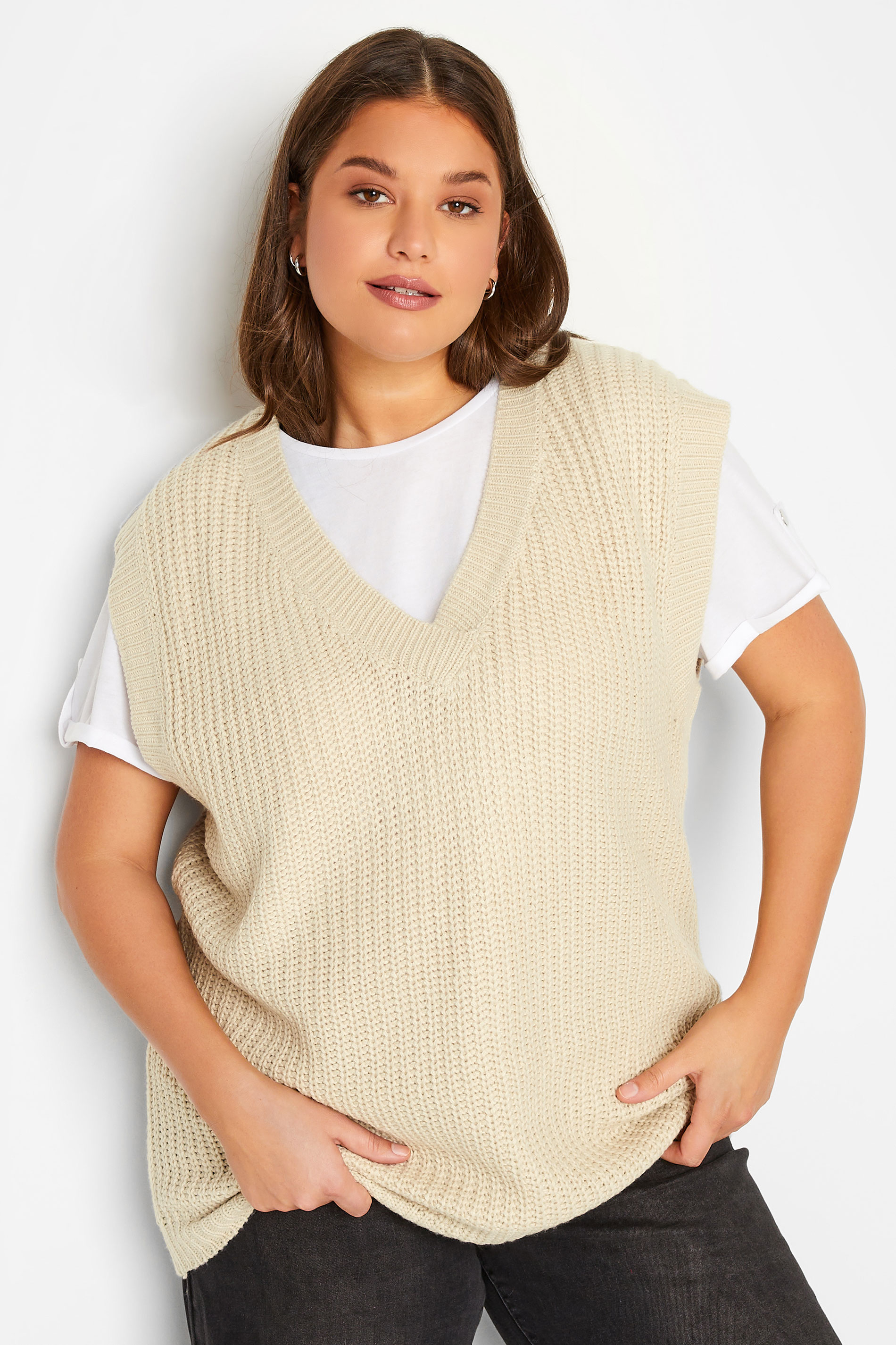 LTS Tall Beige Brown Chunky Knit Vest Top | Long Tall Sally 1