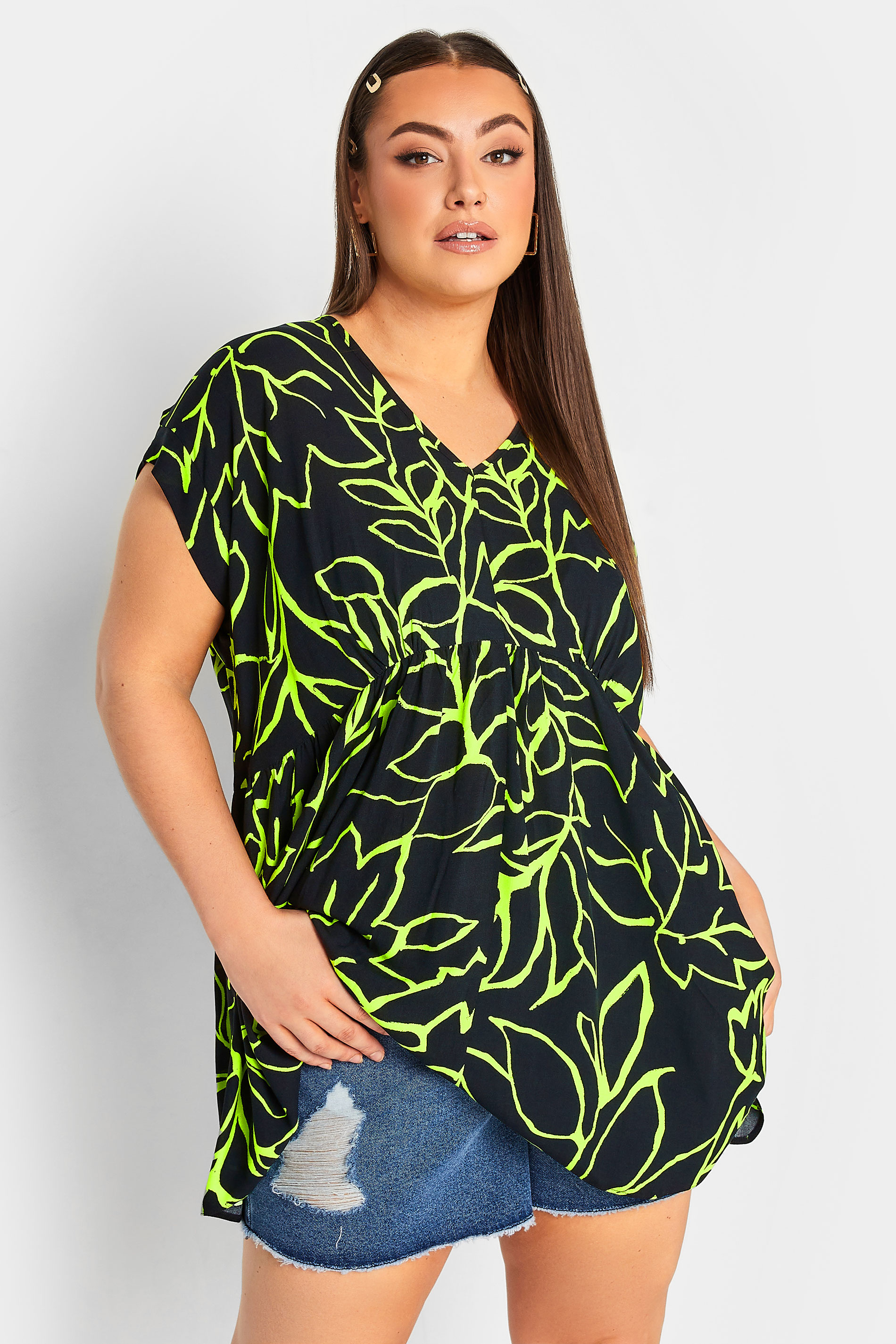 YOURS Plus Size Black Leaf Print Peplum Blouse | Yours Clothing 1