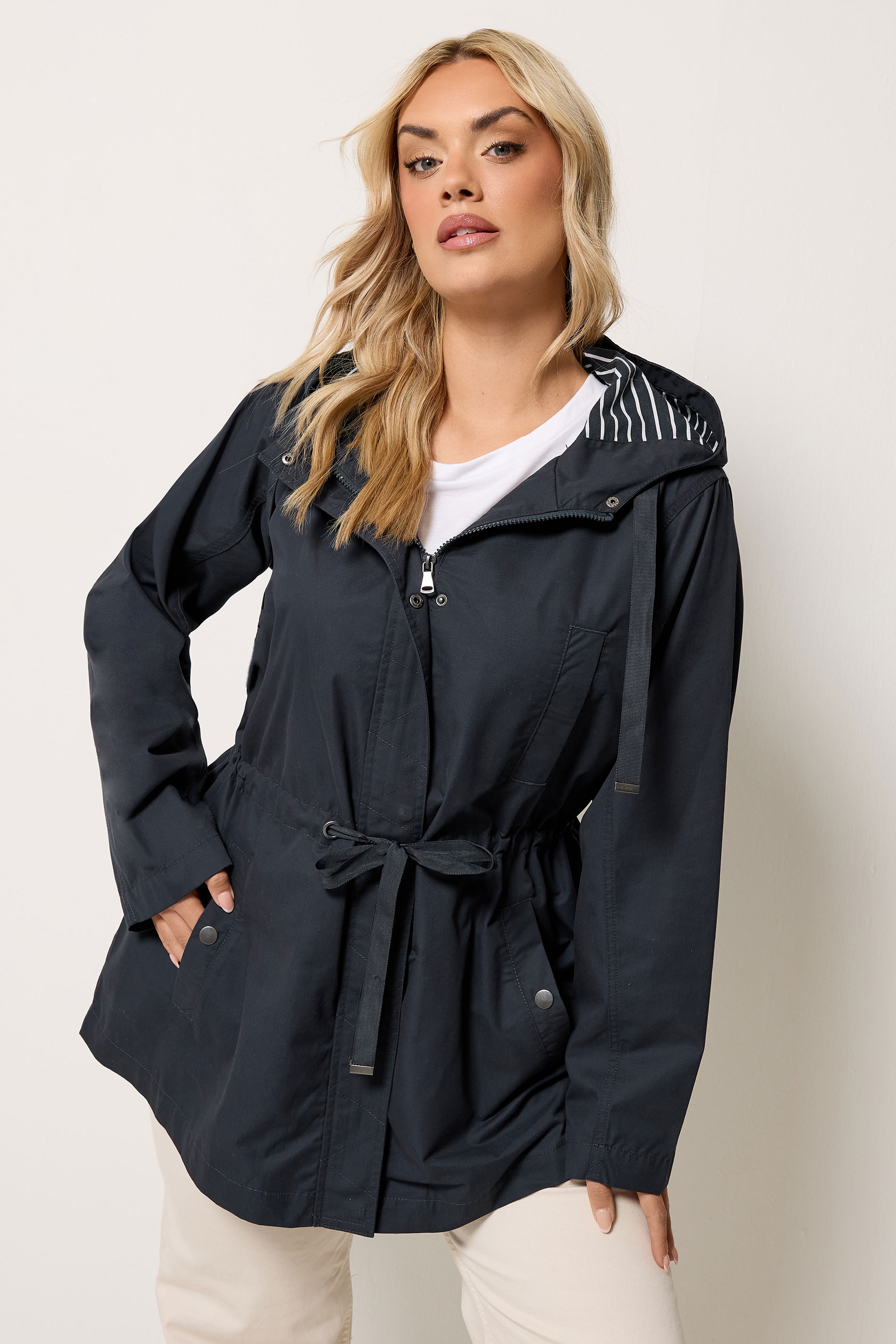 YOURS Plus Size Navy Blue Stripe Lined Hooded Jacket | Yours Clothing 2