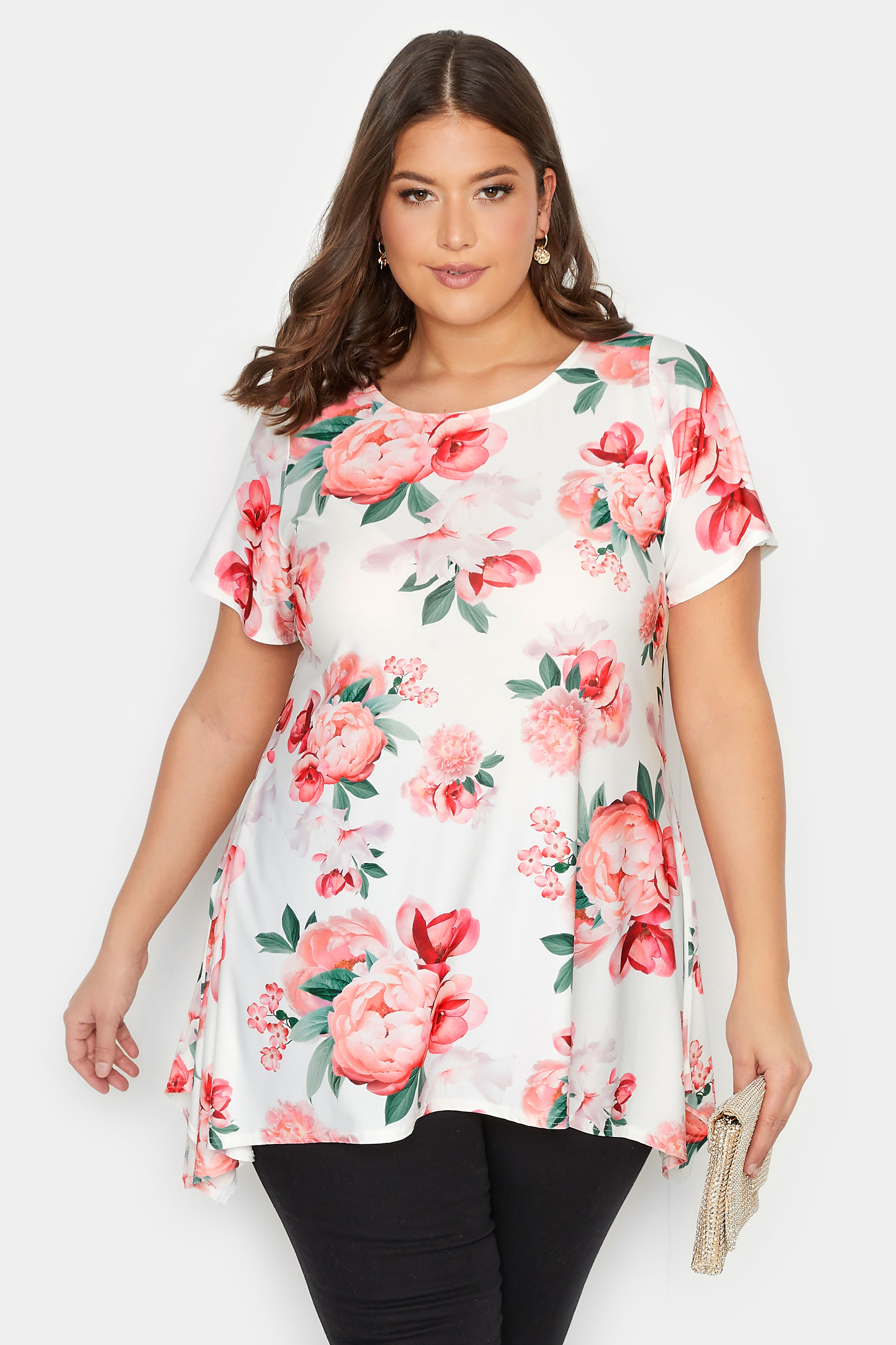 YOURS LONDON Plus Size White Floral Print Hanky Hem Top | Yours Clothing 1