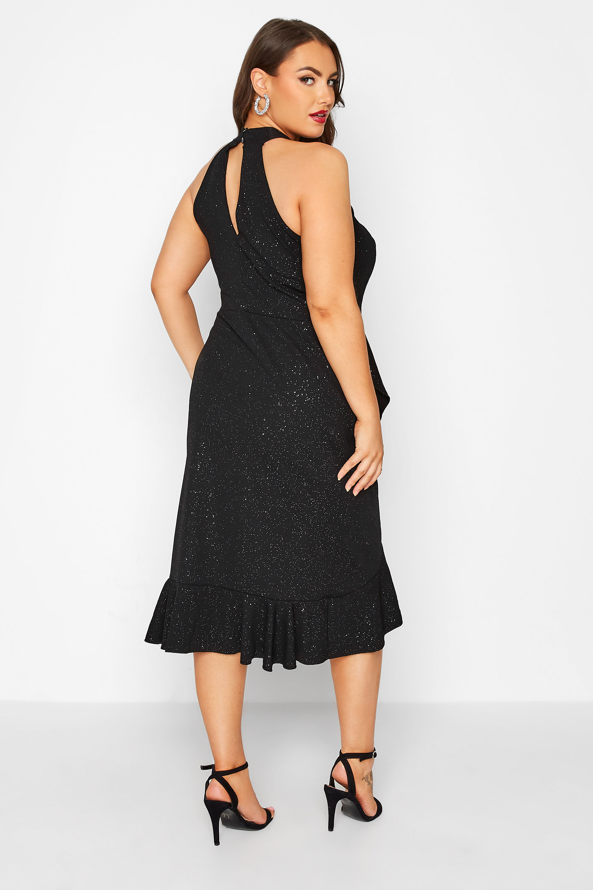 YOURS LONDON Plus Size Black Glitter Halter Neck Ruffle Wrap Dress | Yours Clothing 3