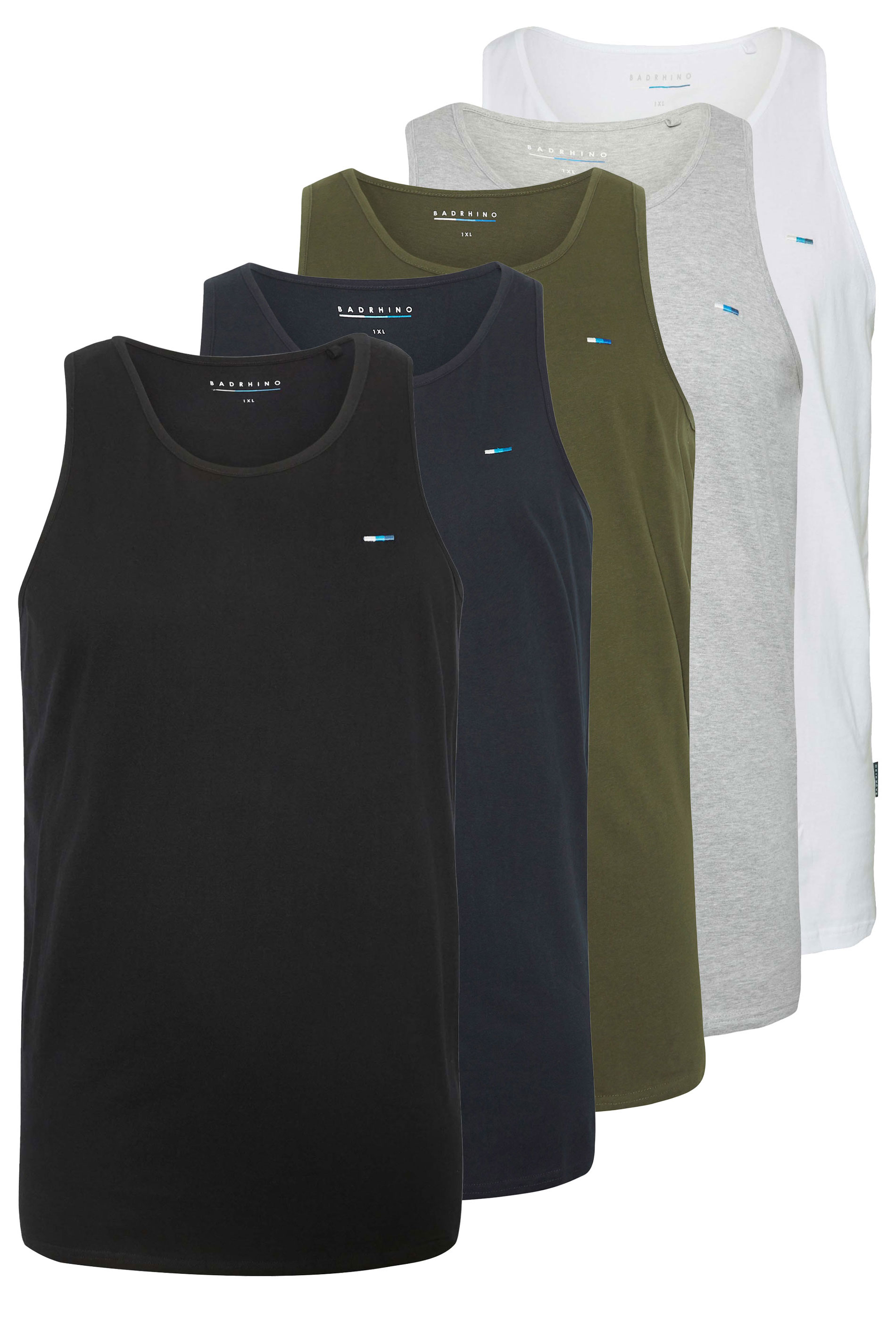 BadRhino Big & Tall 5 Pack Grey/Green/White/Navy/Black Extra Long Plain Vest Top | BadRhino 7
