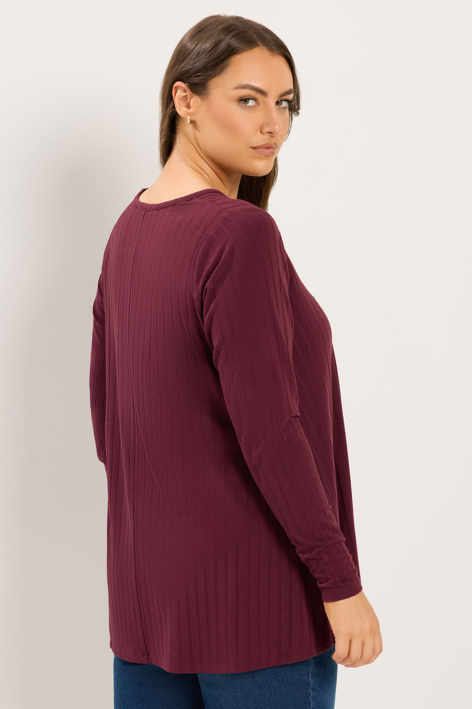 YOURS Plus Size Red Plunge Neck Ribbed T-Shirt | Yours Clothing 2
