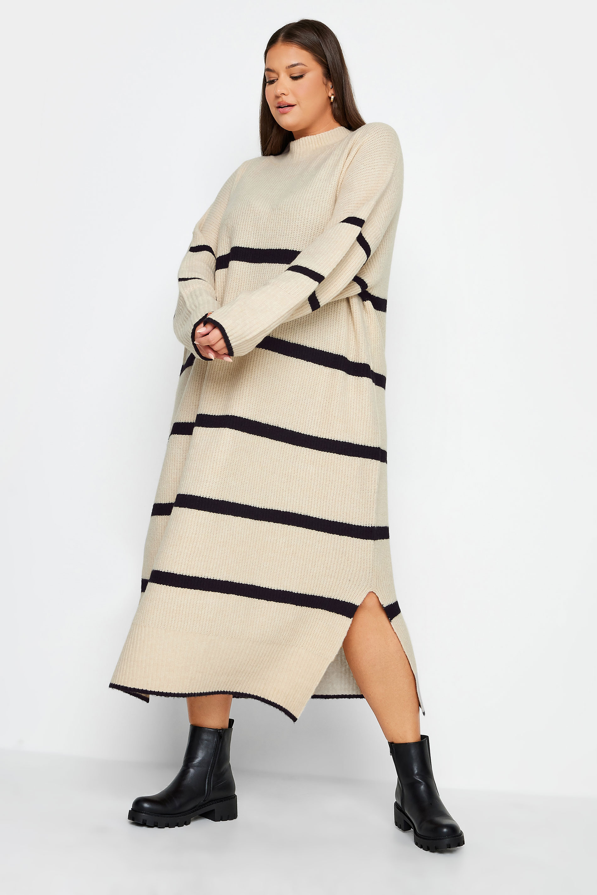 YOURS Curve Cream Wide Stripe Turtle Neck Dress | Yours Clothing 1