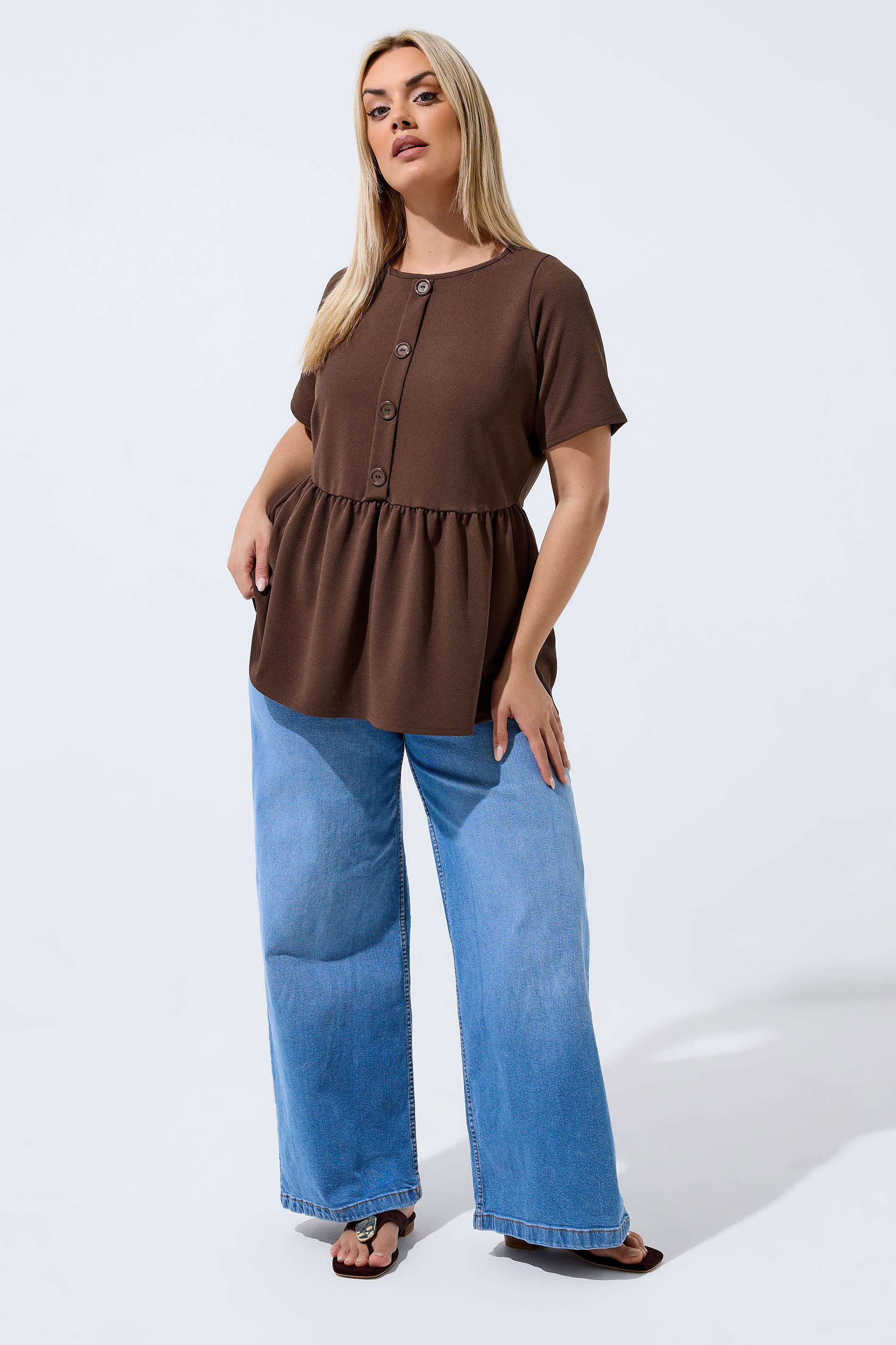 LIMITED COLLECTION Plus Size Chocolate Brown Peplum Top | Yours Clothing 1