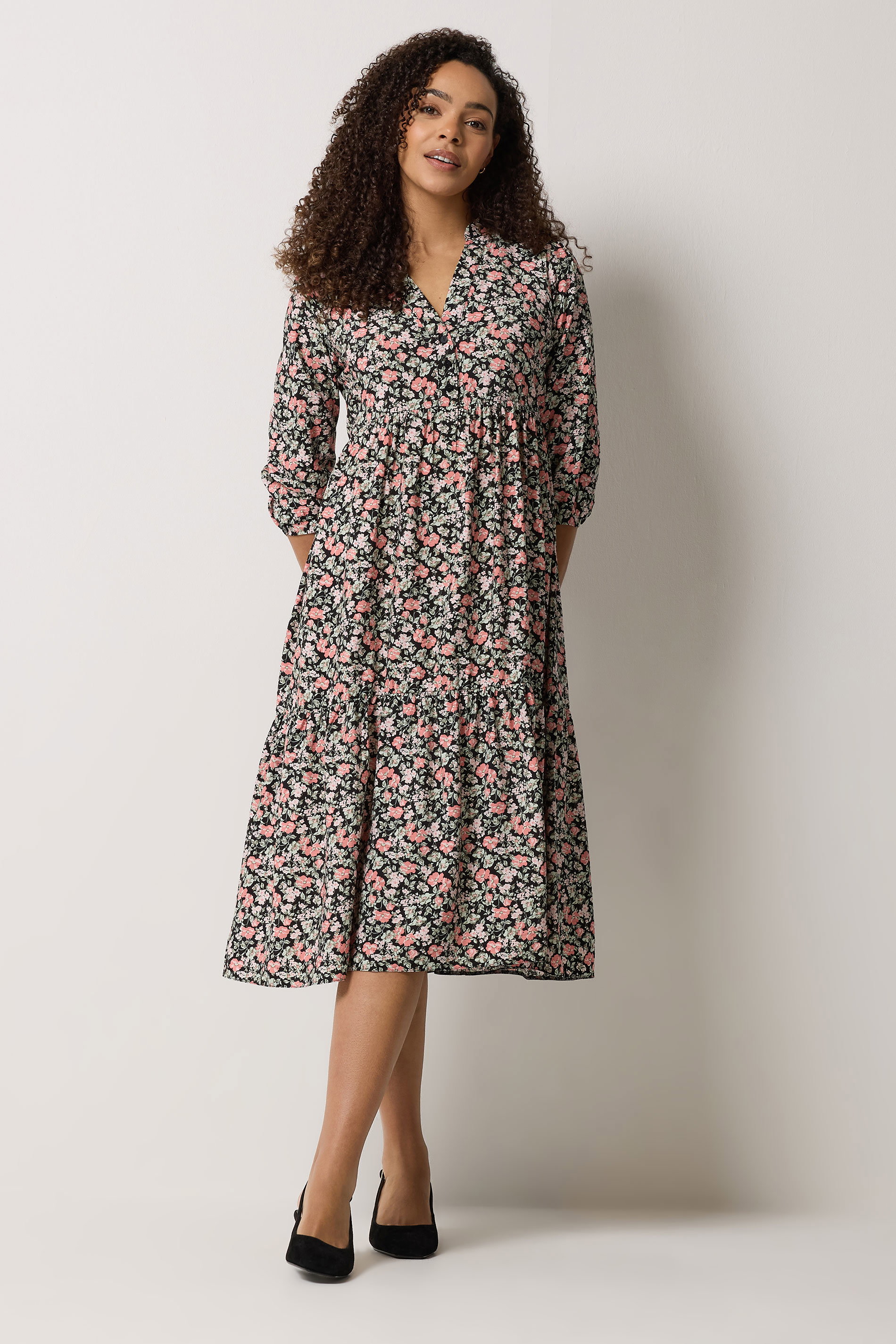 M&Co Black & Pink Floral Tiered Midi Dress | M&Co 1