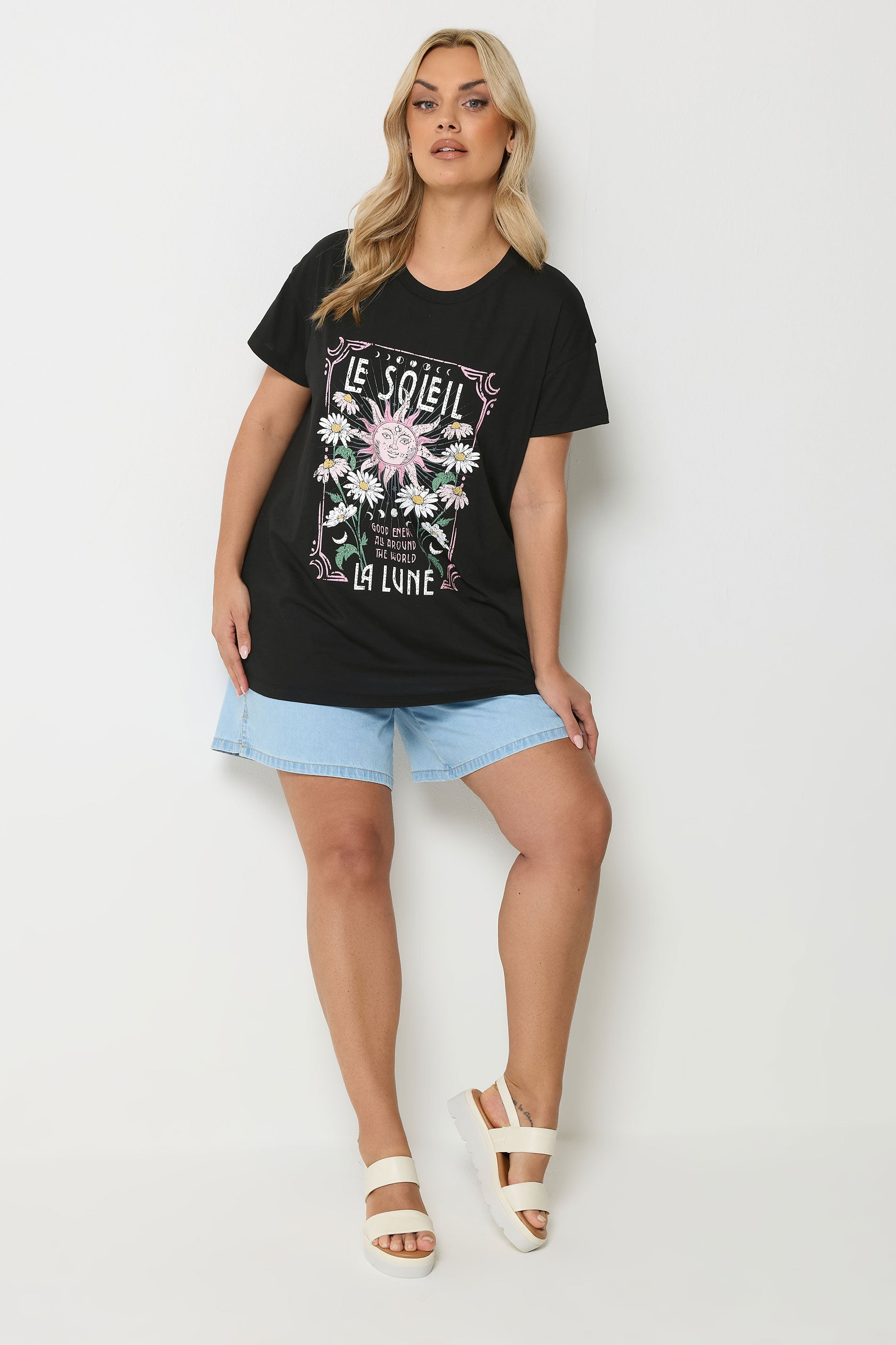 YOURS Plus Size Black 'Le Soleil' Graphic T-Shirt | Yours Clothing 2