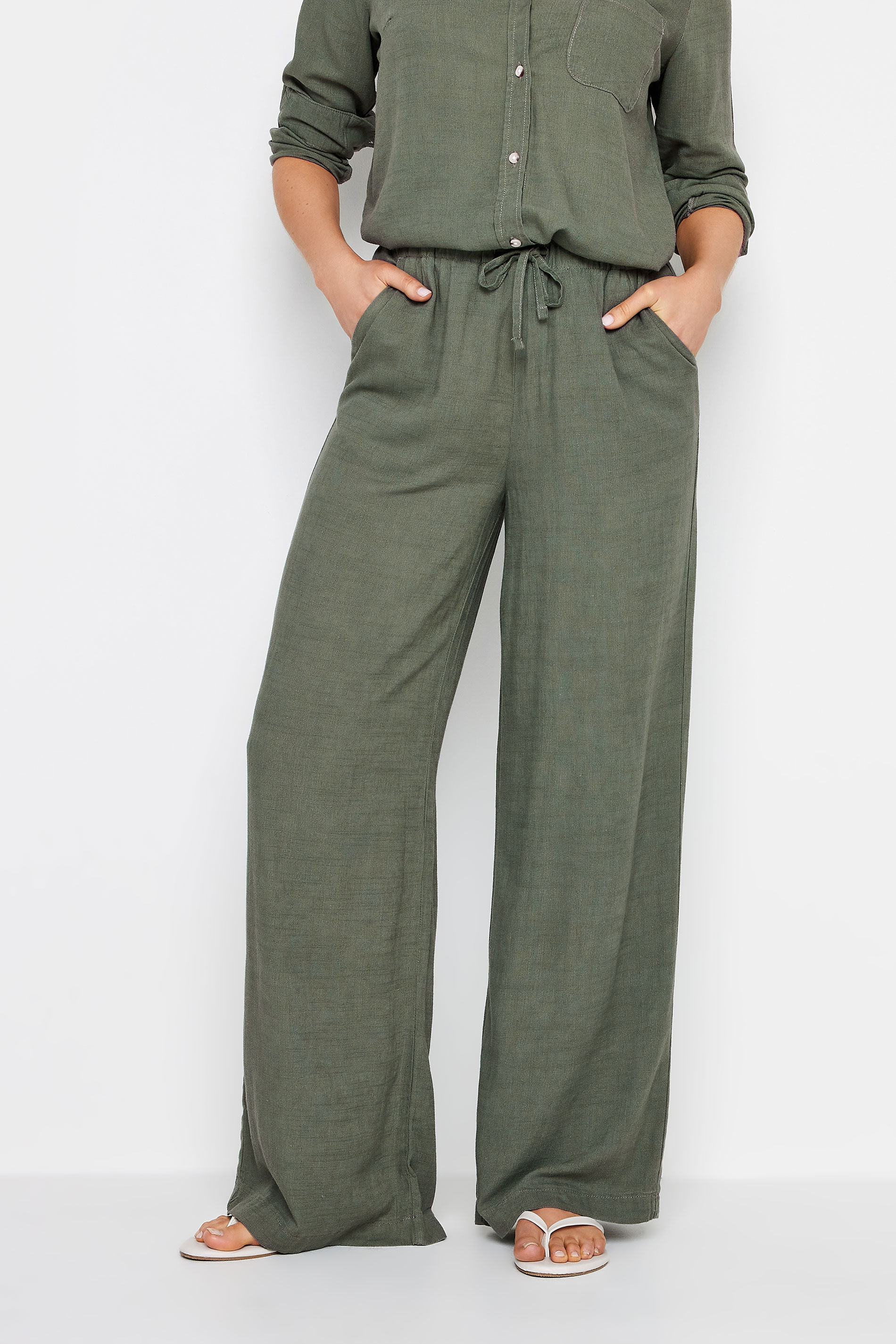 LTS Tall Womens Khaki Green Linen Tie Waist Wide Leg Trousers | Long Tall Sally 3