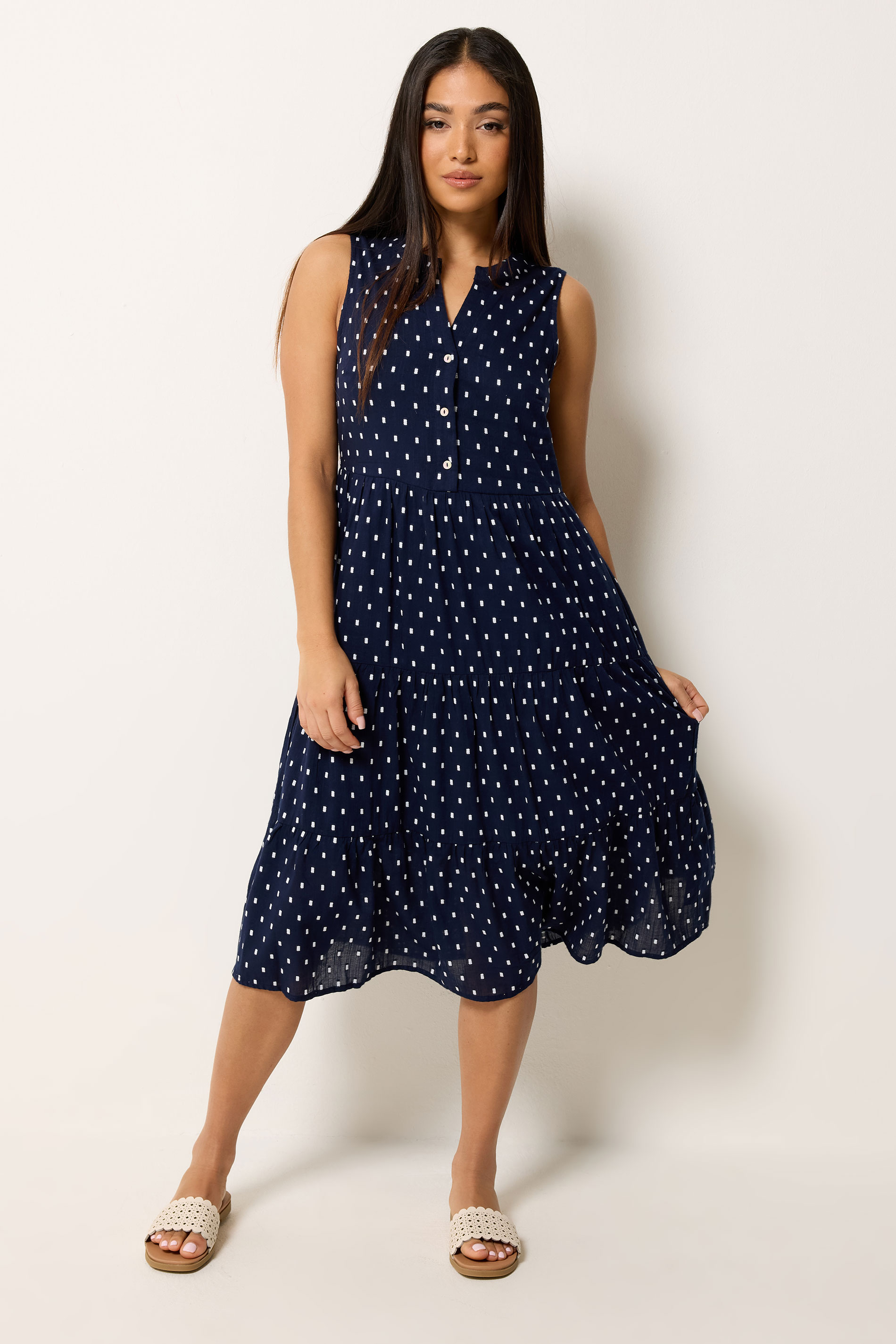 M&Co Petite Navy Blue Dobby Sleeveless Tiered Midi Dress | M&Co 1