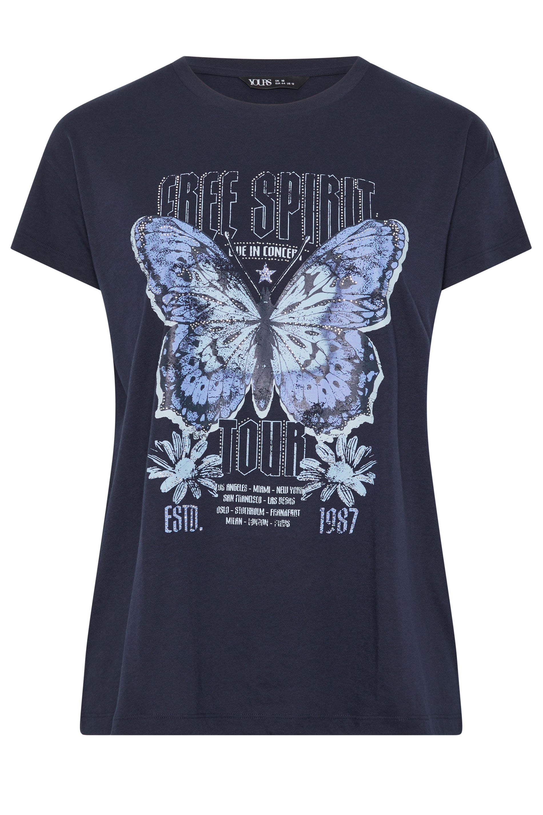 YOURS Plus Size Navy Blue 'Free Spirit' Butterfly Embellished T-Shirt | Yours Clothing 5