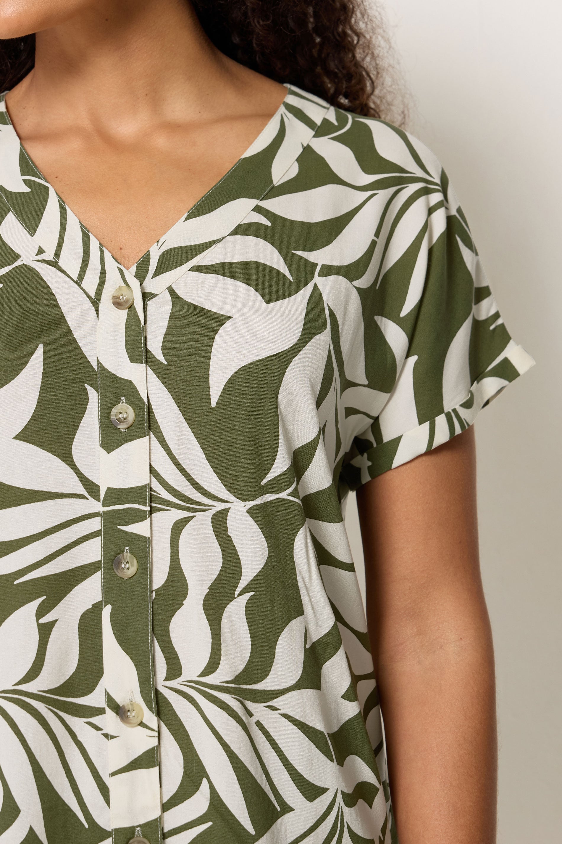 M&Co Khaki Green Leaf Print Short Sleeve Blouse | M&Co 4