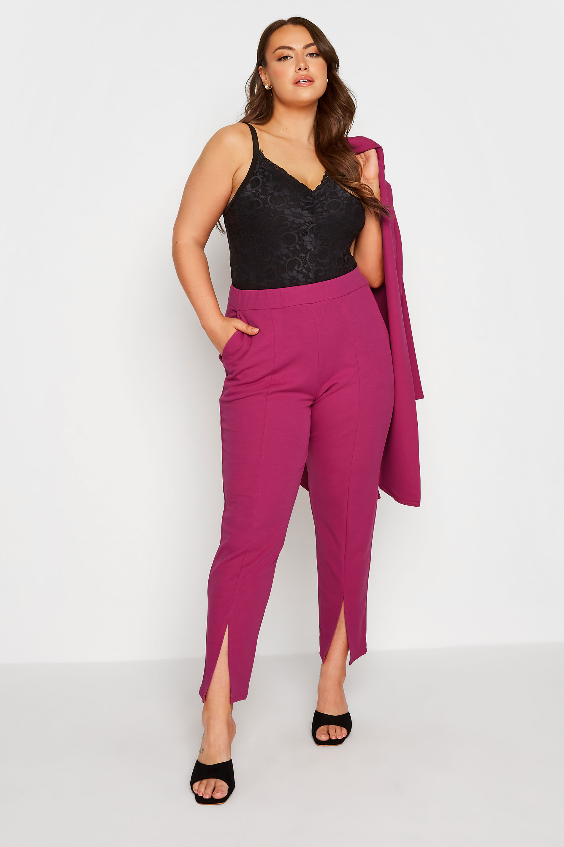 LIMITED COLLECTION Plus Size Dark Pink Split Hem Tapered Trousers | Yours Clothing  2