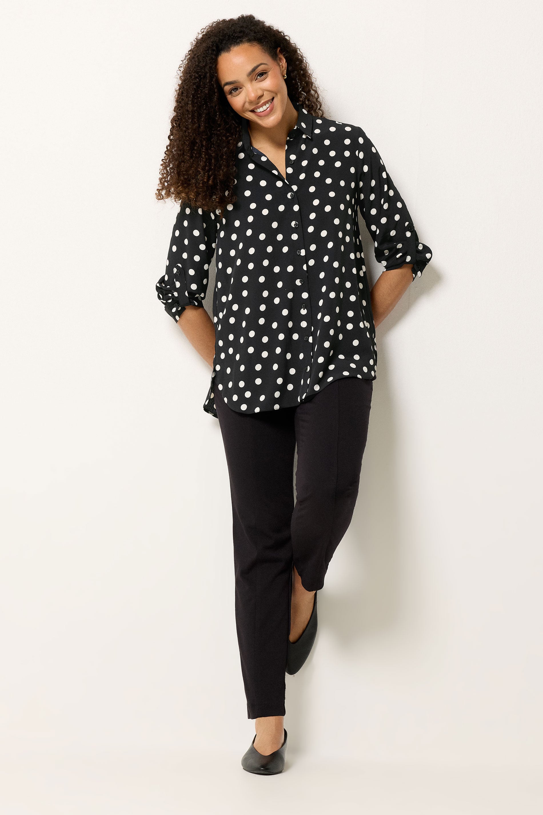M&Co Black Polka Dot Tab Sleeve Shirt 1
