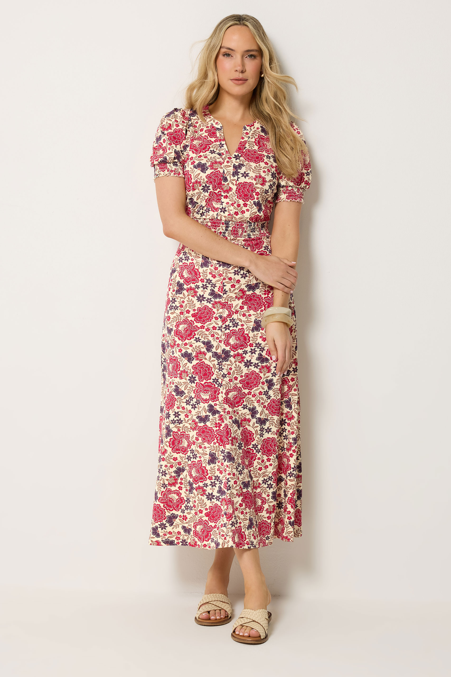 LTS Tall Women's Natural Brown & Pink Floral Cotton Maxi Dress | Long Tall Sally 1