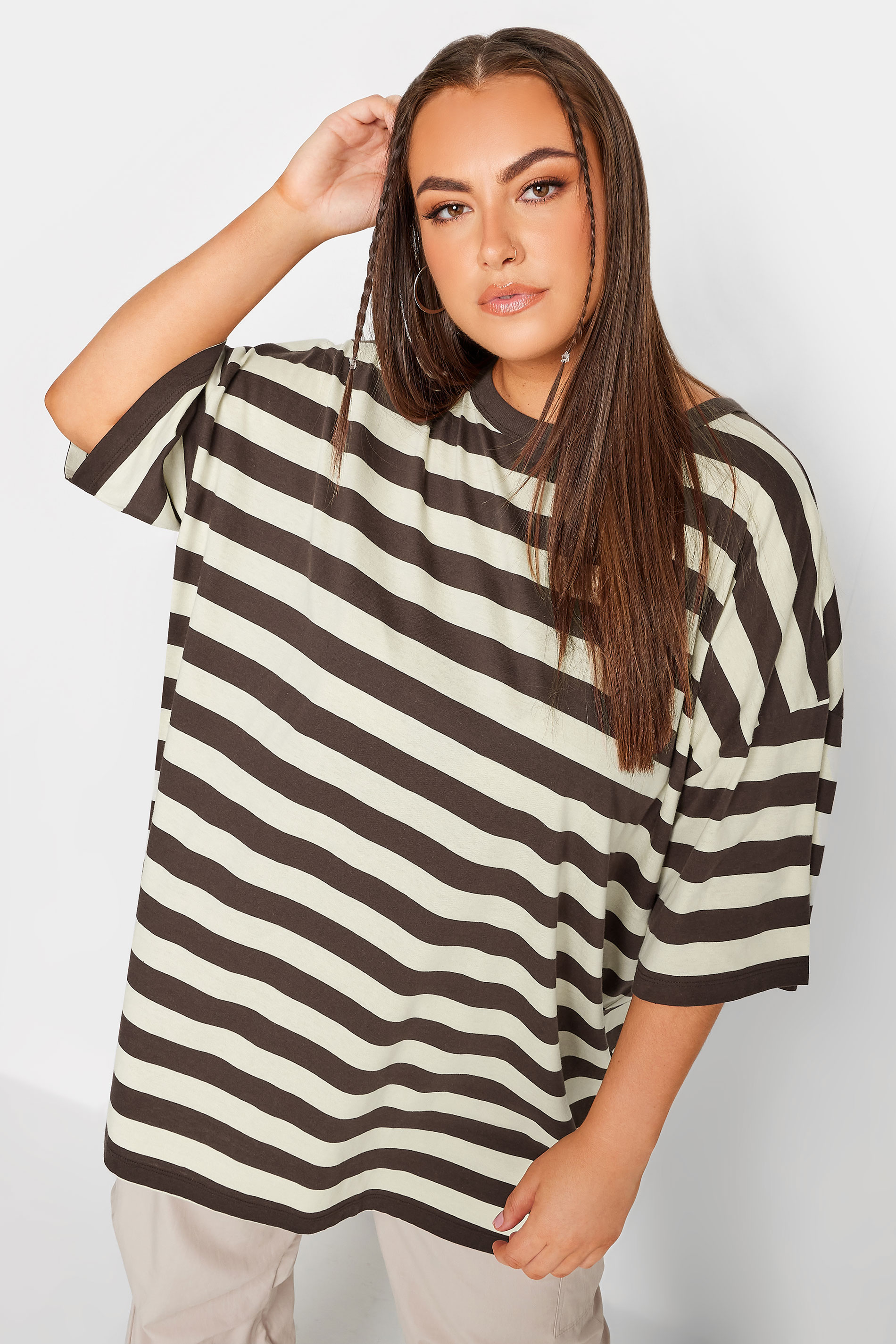 YOURS Plus Size Curve Brown Stripe Oversized Boxy T-Shirt | Yours Clothing  3
