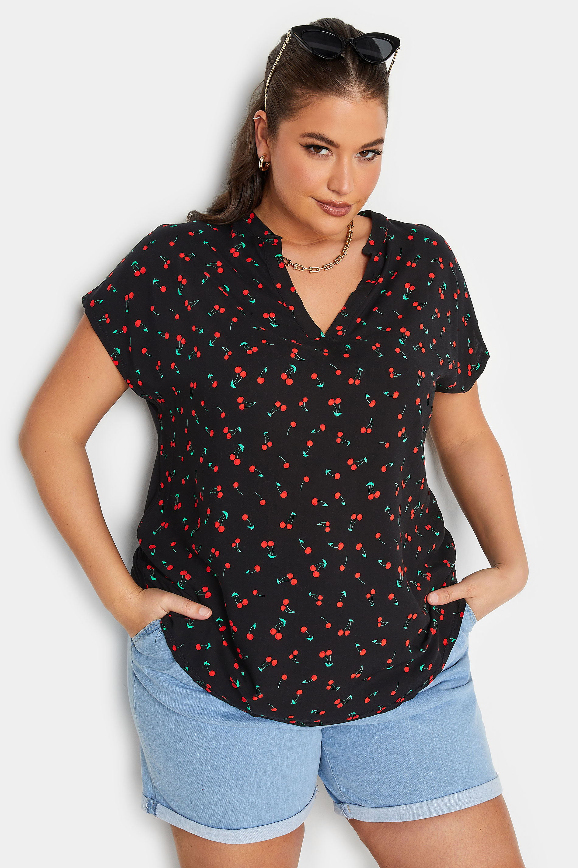 YOURS Curve Plus Size Black Cherry Print Blouse | Yours Clothing  1