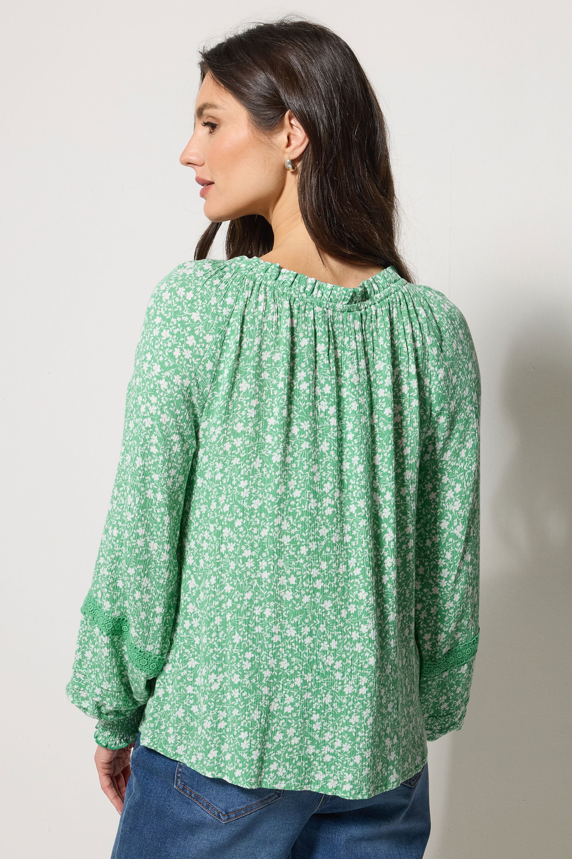 M&Co Green Floral Trim Detail Tie Neck Blouse | M&Co 4