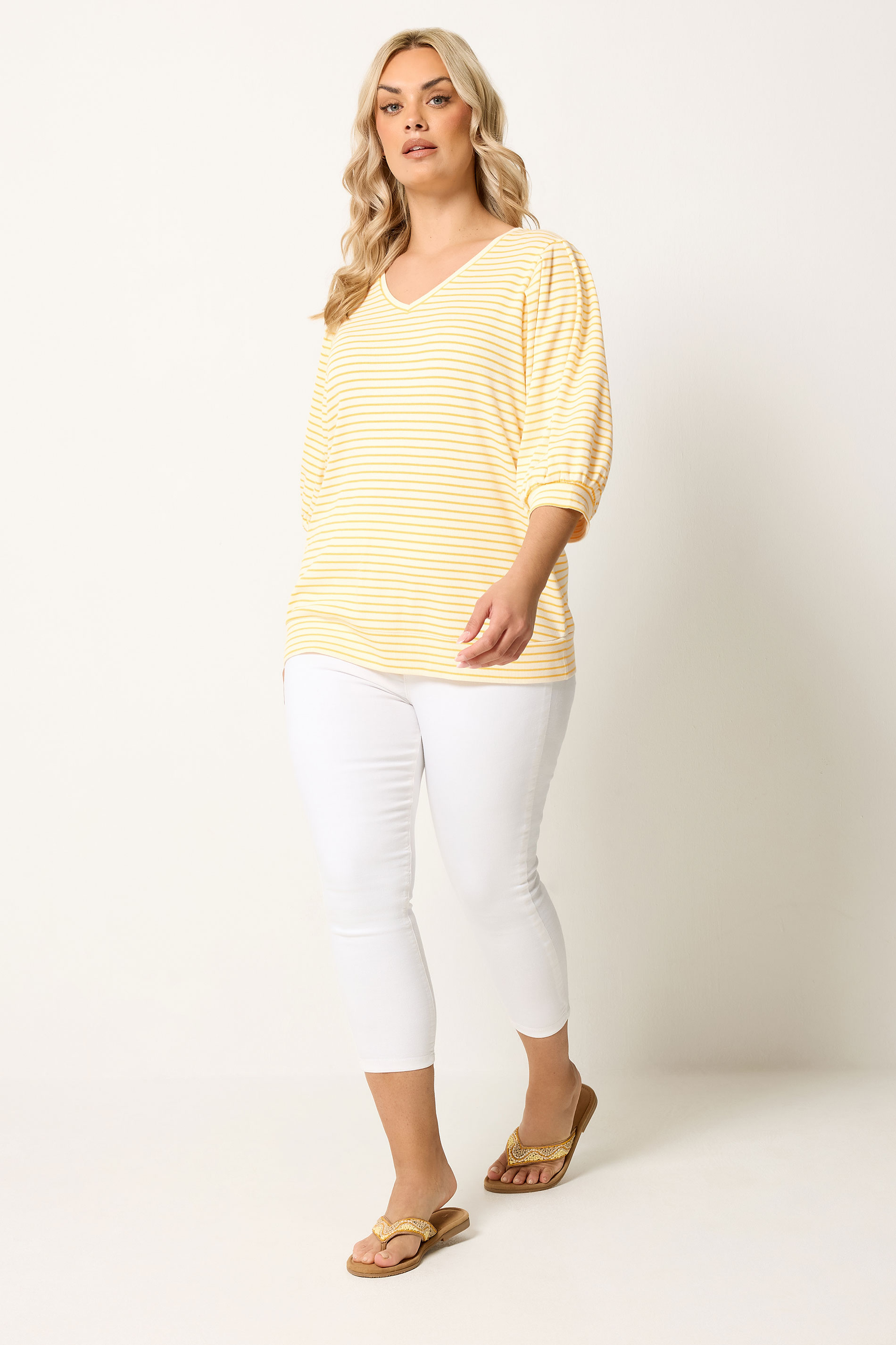 YOURS Plus Size Yellow Stripe Balloon Sleeve Top | Yours Clothing 1