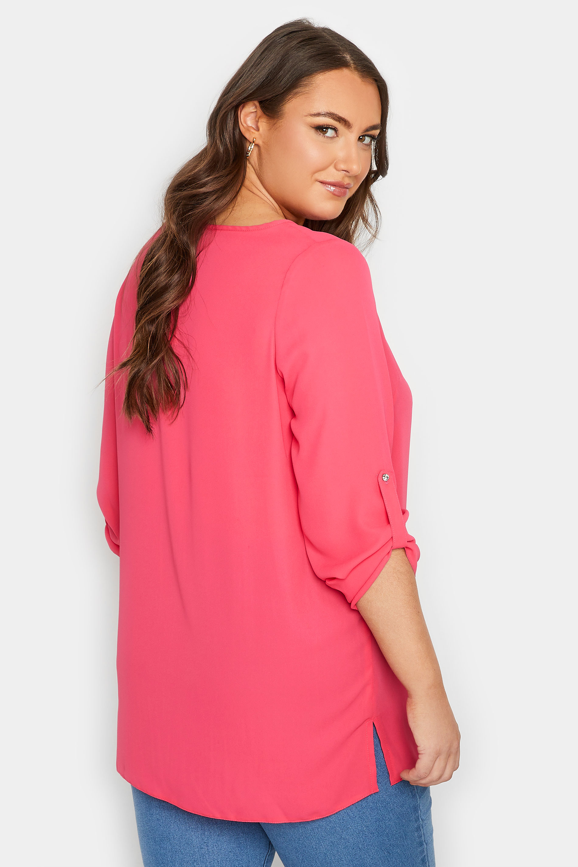 YOURS Plus Size Bright Pink Tab Sleeve Blouse | Yours Clothing 3