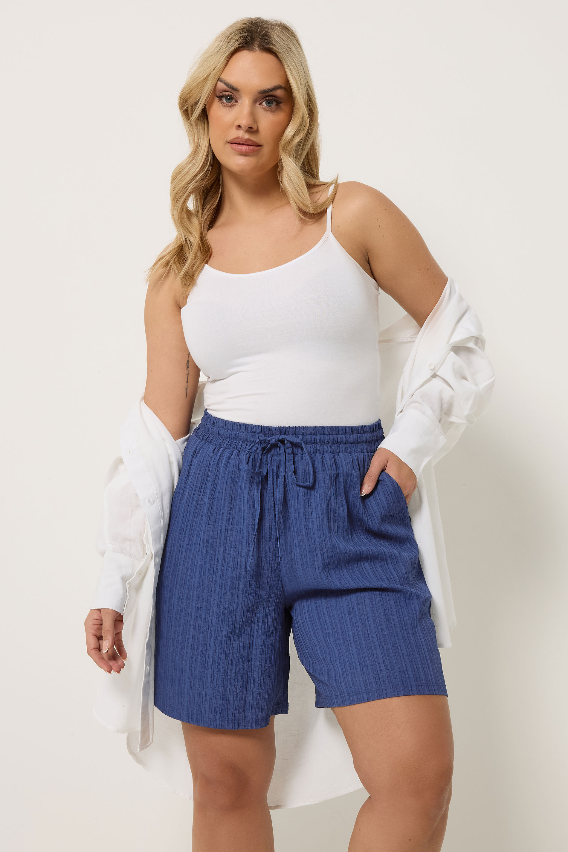 YOURS Plus Size Denim Blue Textured Woven Shorts | Yours Clothing 3