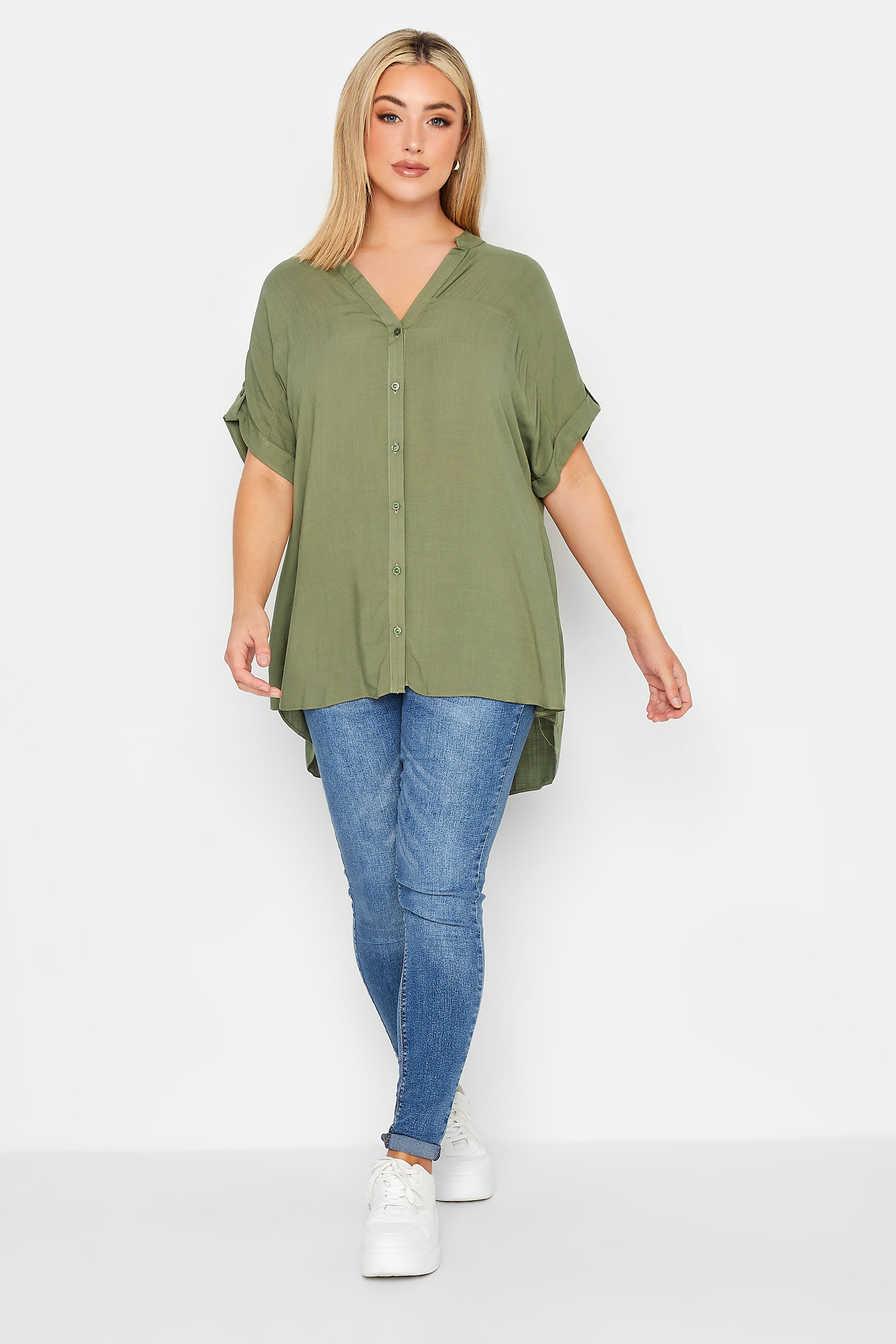 YOURS Curve Plus Size Khaki Green Button Through Shirt | Yours Clothing  2