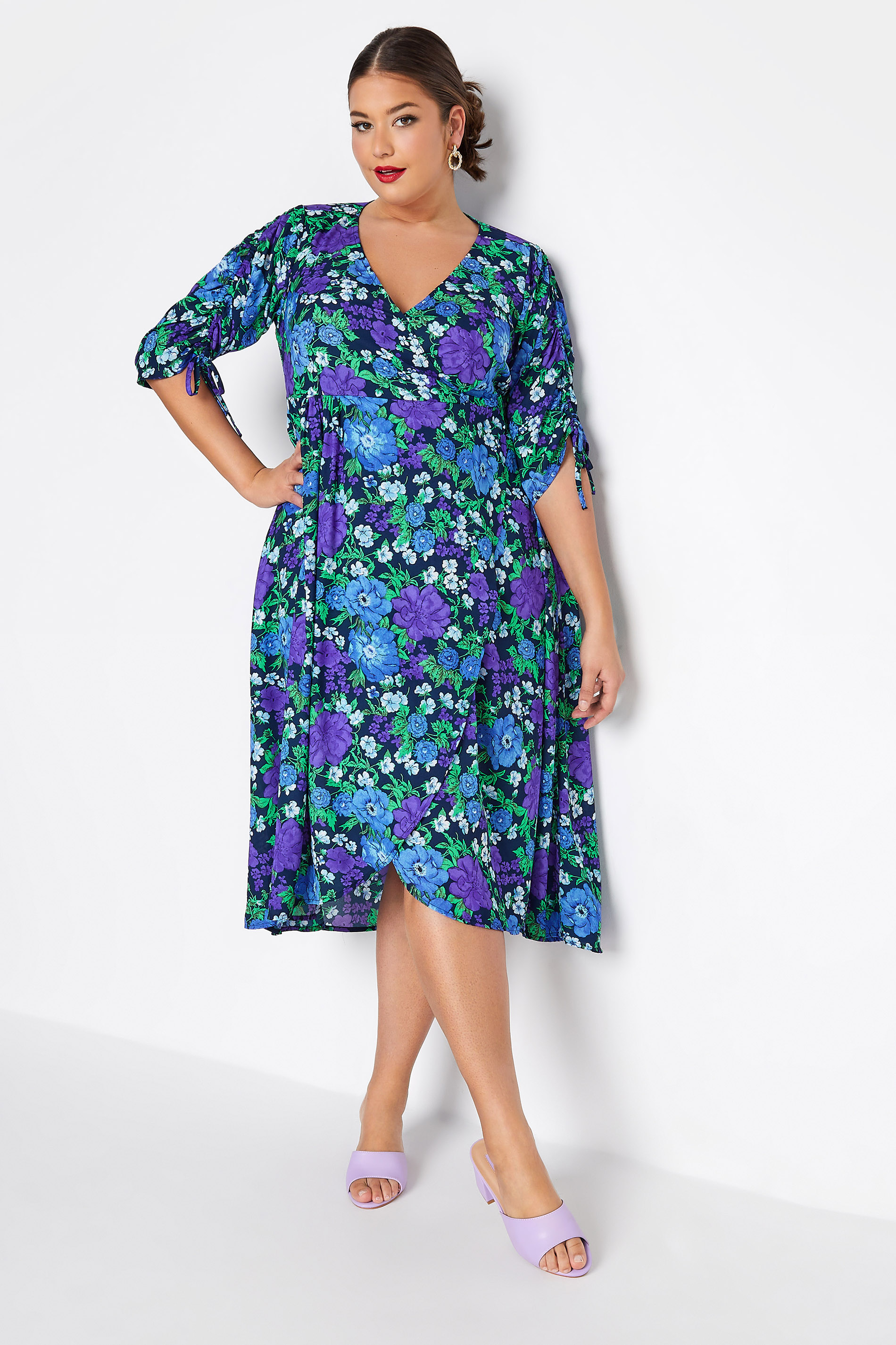 LIMITED COLLECTION Curve Blue Floral Ruched Sleeve Wrap Dress_A.jpg