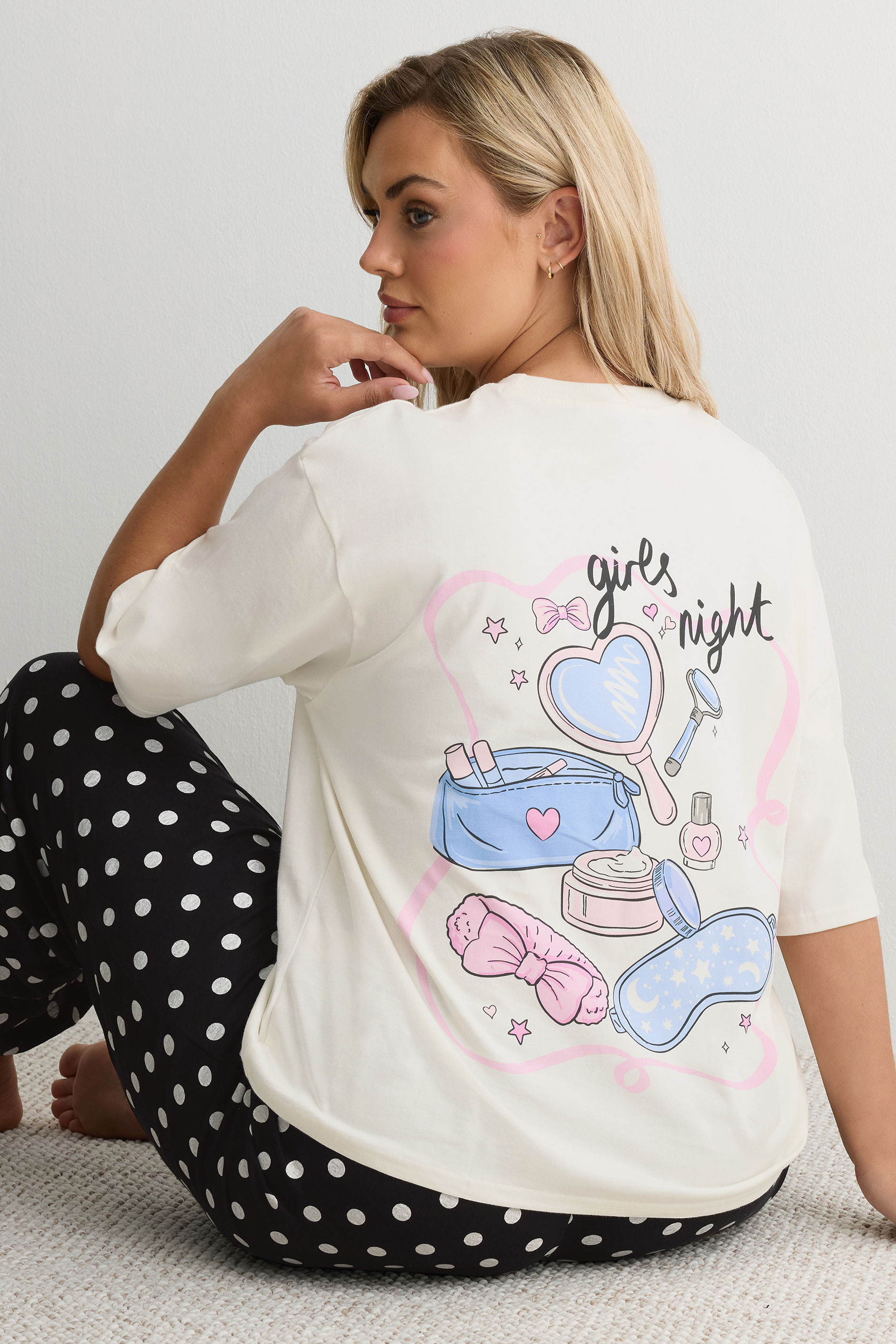 YOURS Plus Size Ivory White 'Girls Night' Polka Dot Pyjama Set | Yours Clothing 1