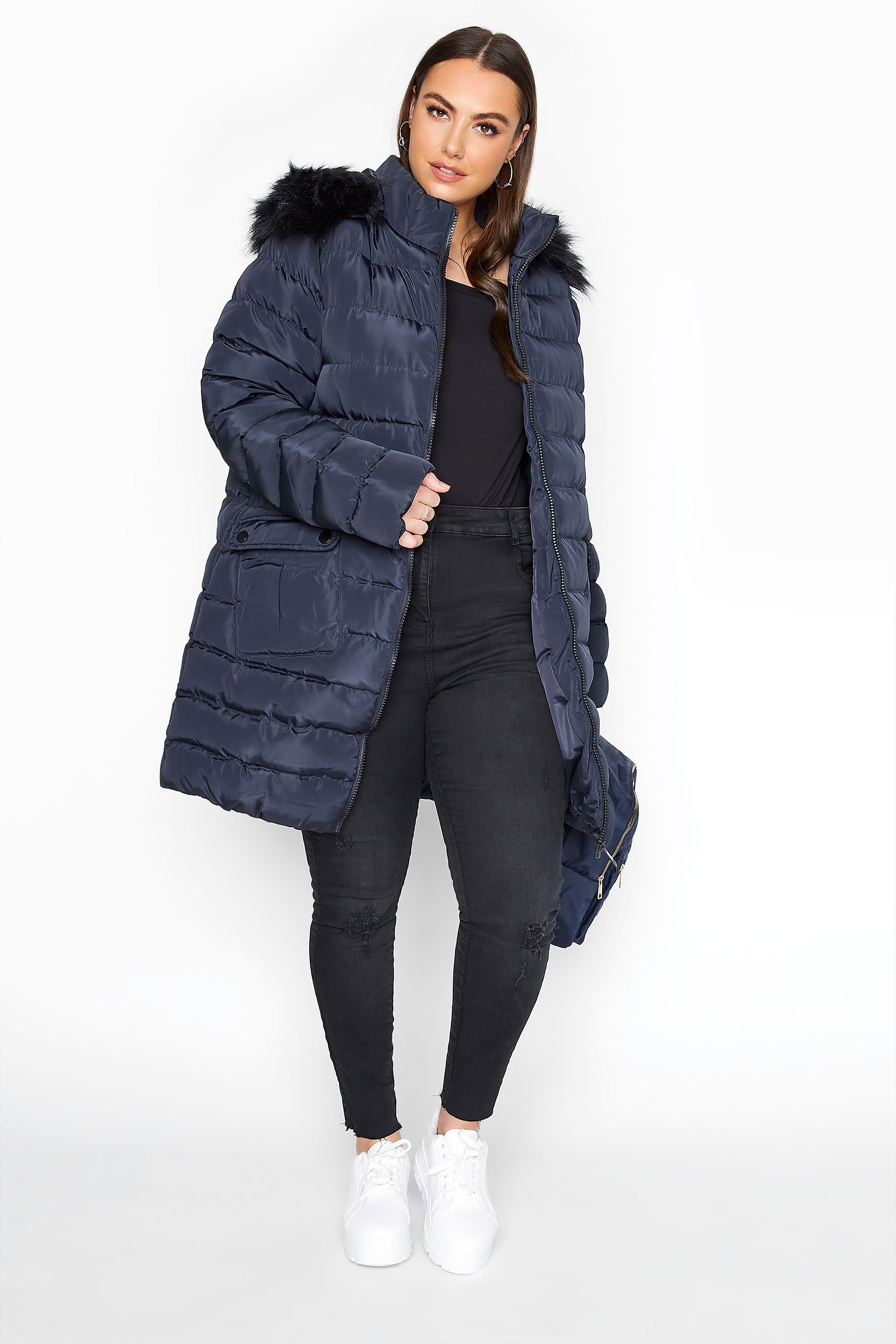 Navy Midi Padded Puffer Coat | Yours Clothing