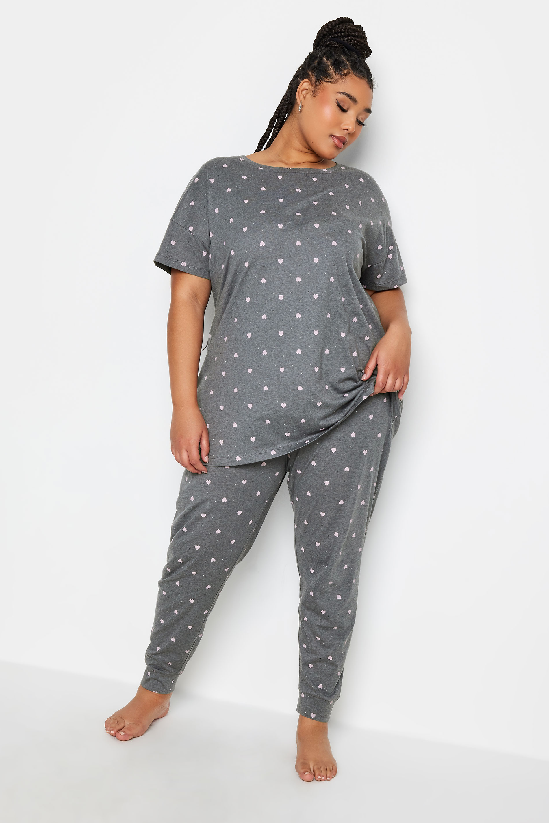 YOURS Plus Size Grey Mini Heart Print Pyjama Set | Yours Clothing 2