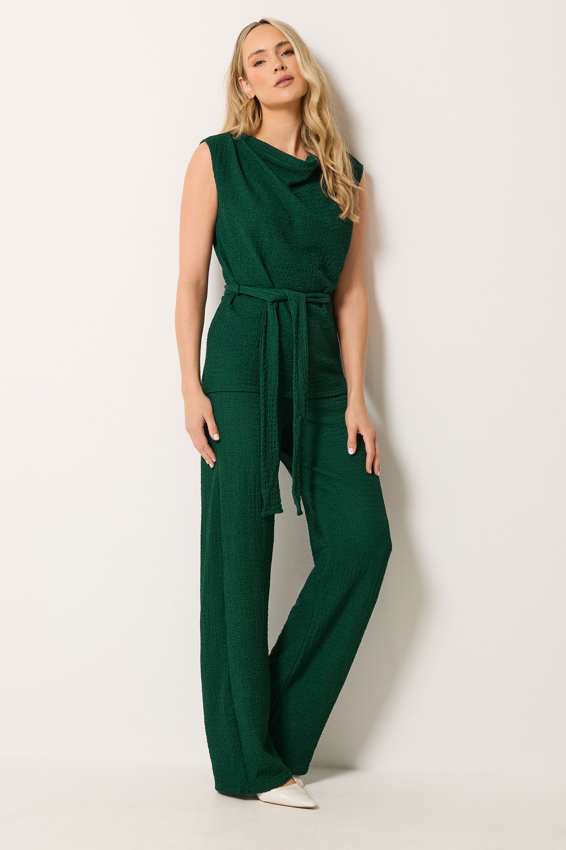 LTS Tall Women's Set Forest Green Textured Belted Top & Wide Leg Trousers | Long Tall Sally 3