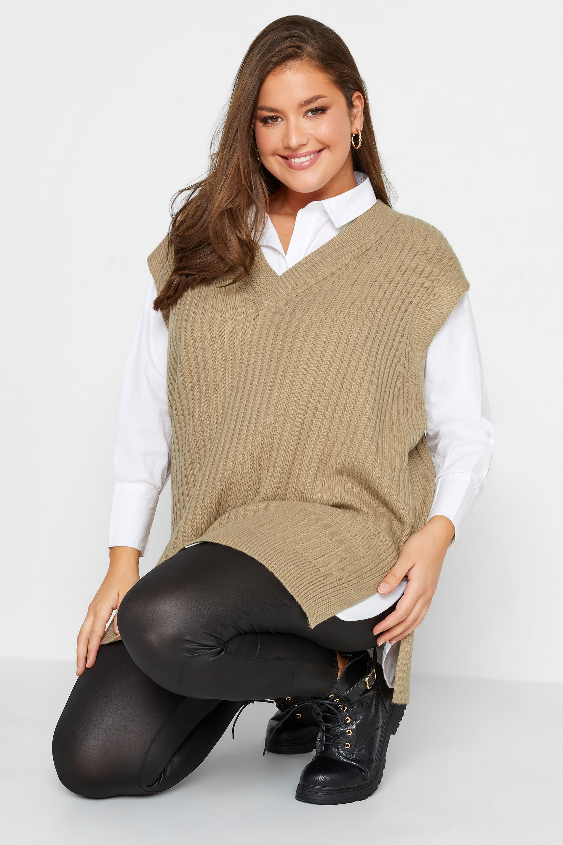 Plus Size Beige Brown Ribbed V-Neck Knitted Vest Top | Yours Clothing 1