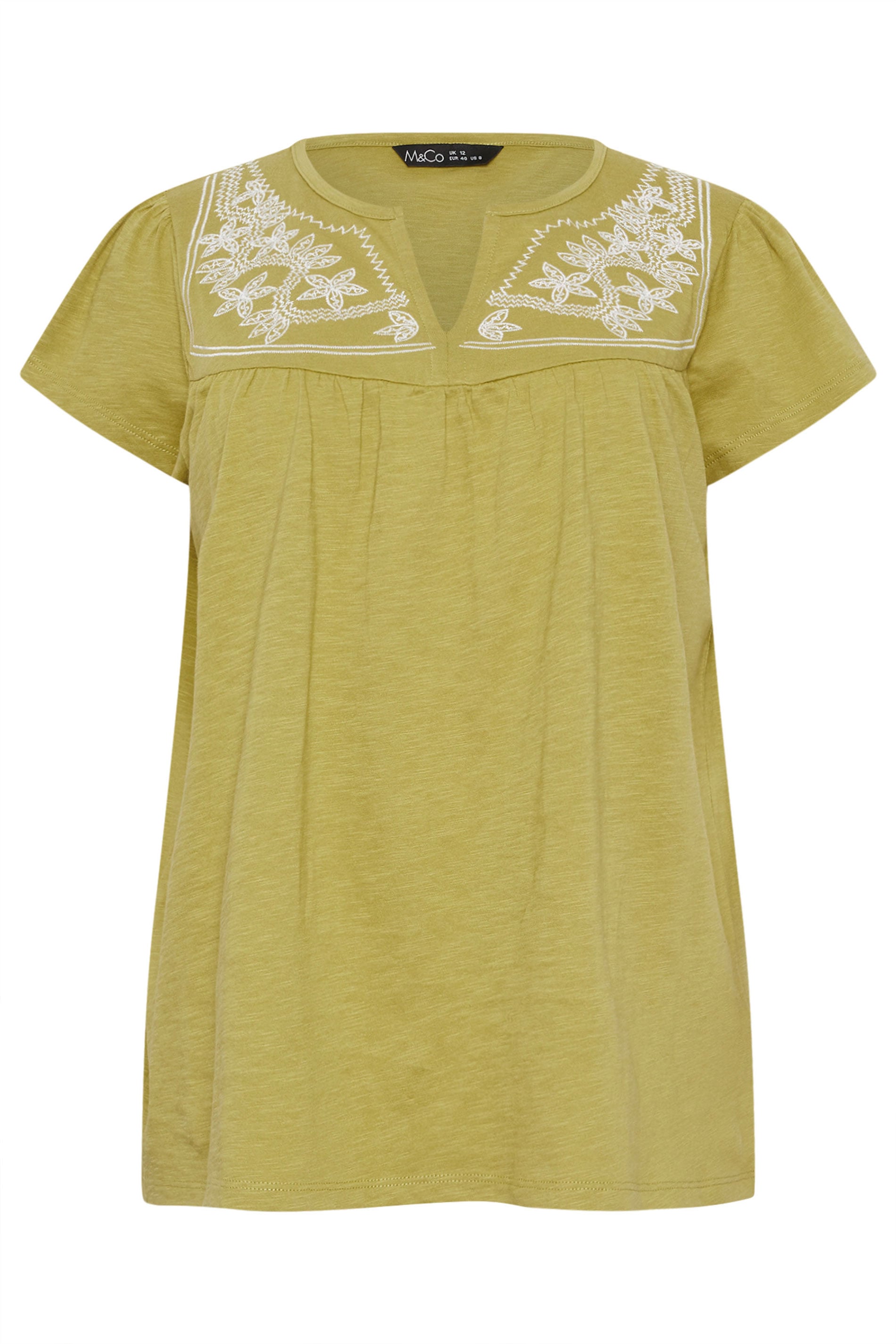 M&Co Green Embroidered Cotton Notch Neck Top | M&Co 5