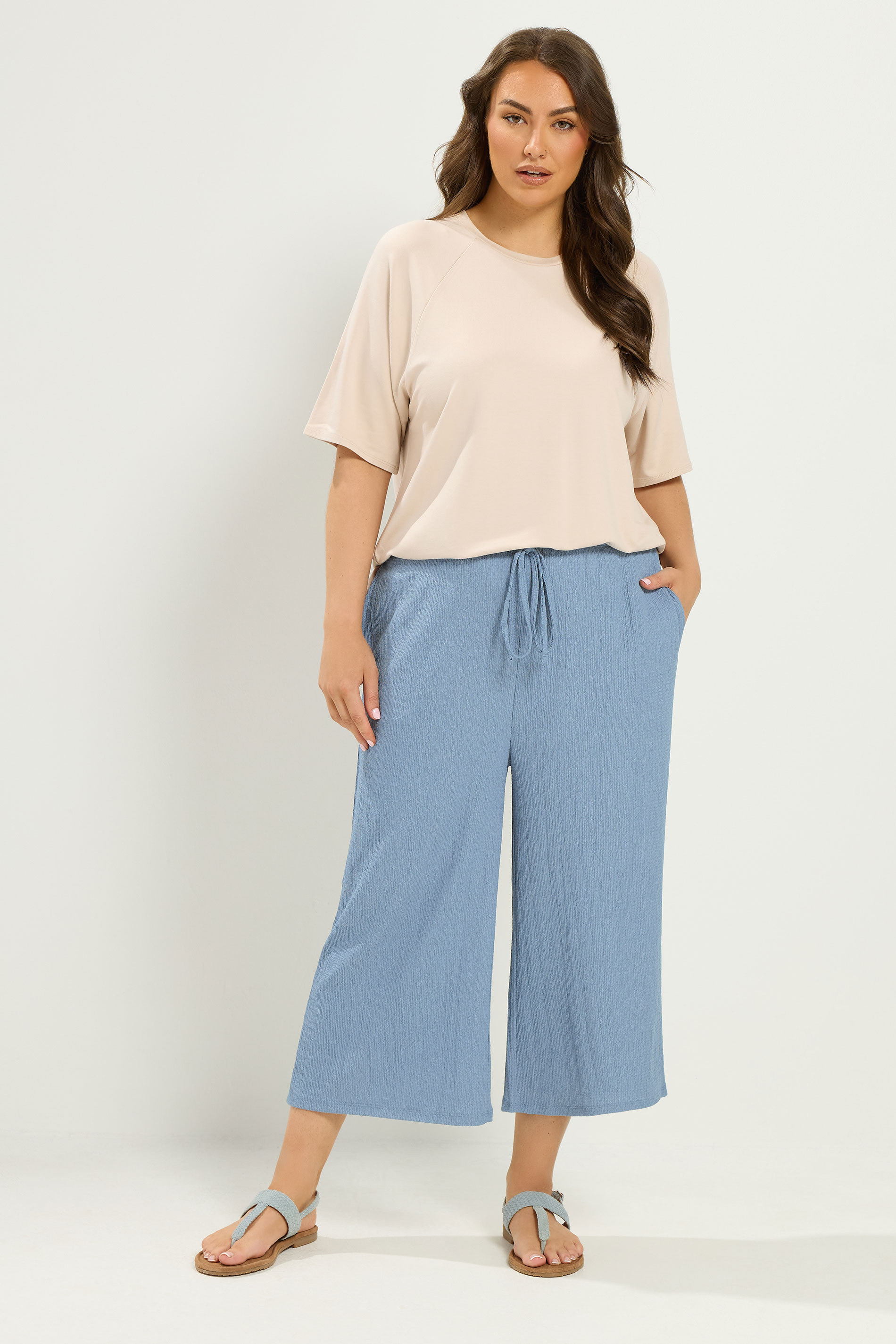 YOURS Plus Size Light Blue Crinkle Culottes | Yours Clothing 1