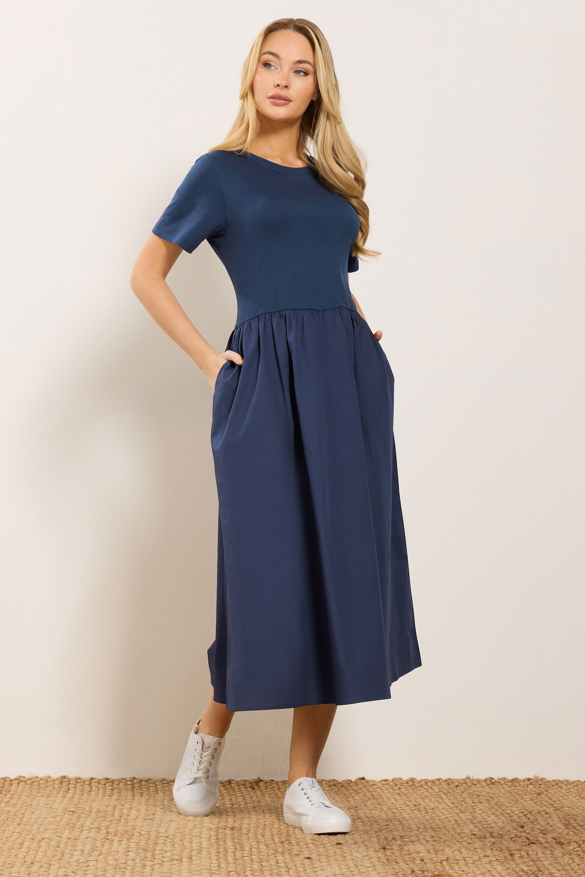 M&Co Navy Blue Short Sleeve Cotton Midi Dress | M&Co 1