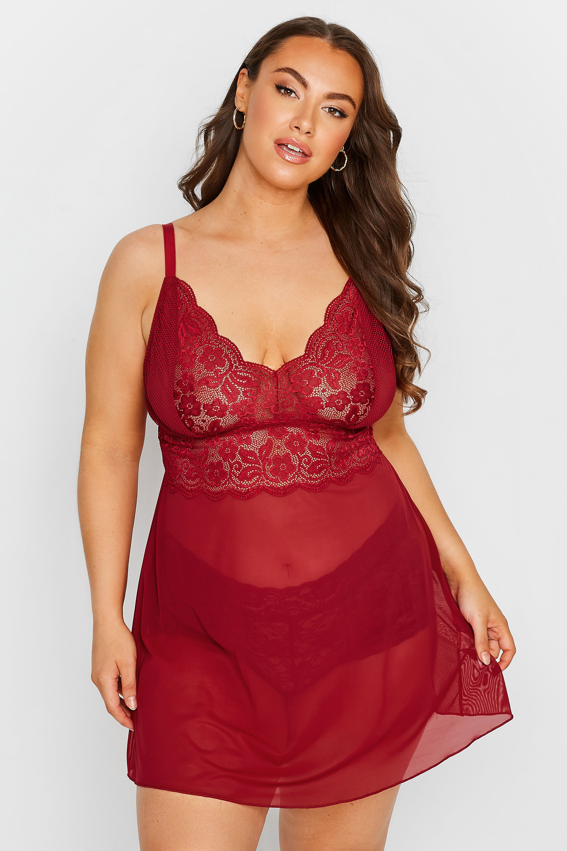 Plus Size Burgundy Red Boudoir Mesh Lace Babydoll | Yours Clothing 1