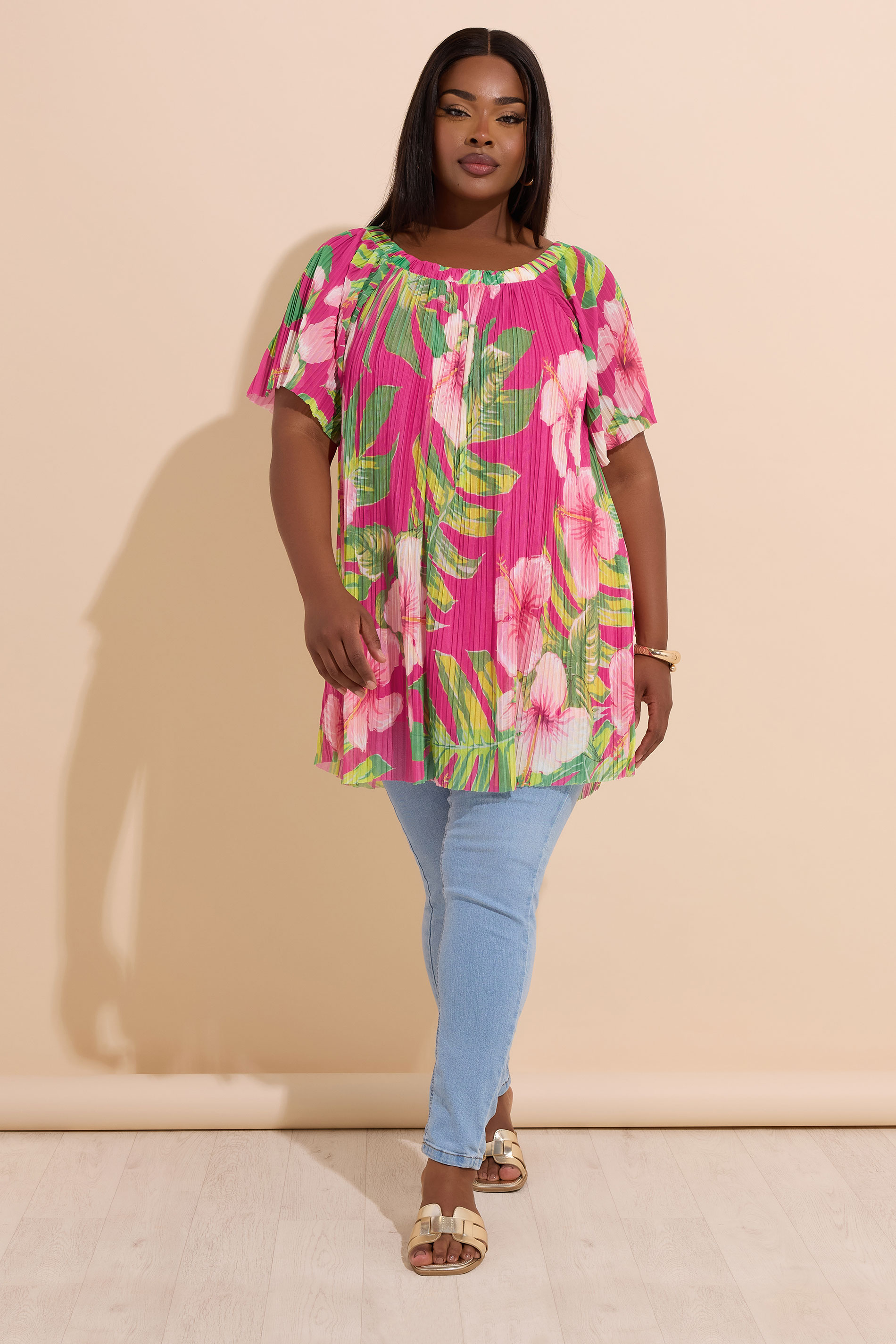 YOURS Plus Size Pink Floral Pleated Mesh Top | Yours Clothing 1