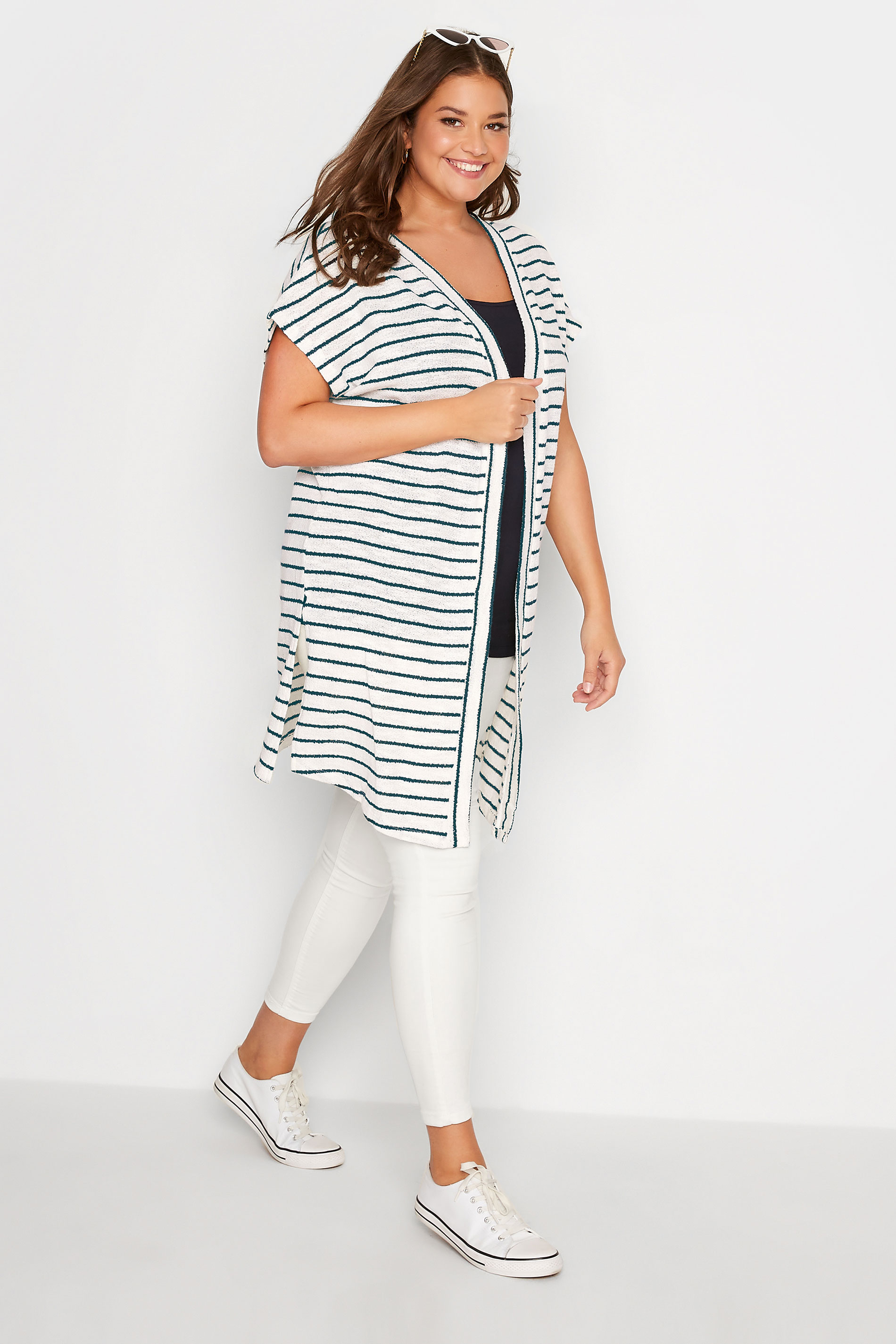 Plus Size White Short Sleeve Stripe Cardigan | Yours Clothing 2