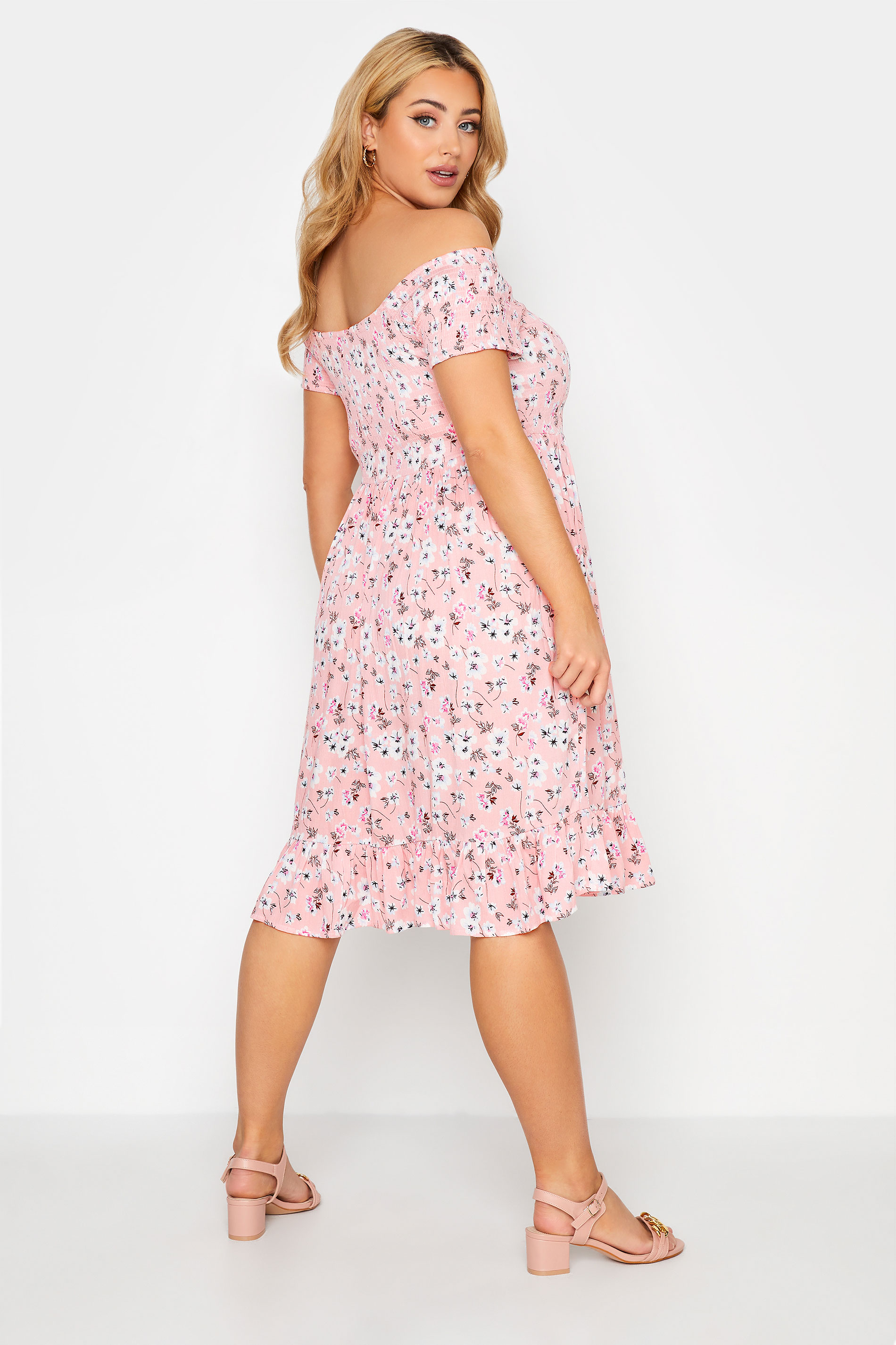Pink Floral Shirred Bardot Dress | Yours Clothing 3